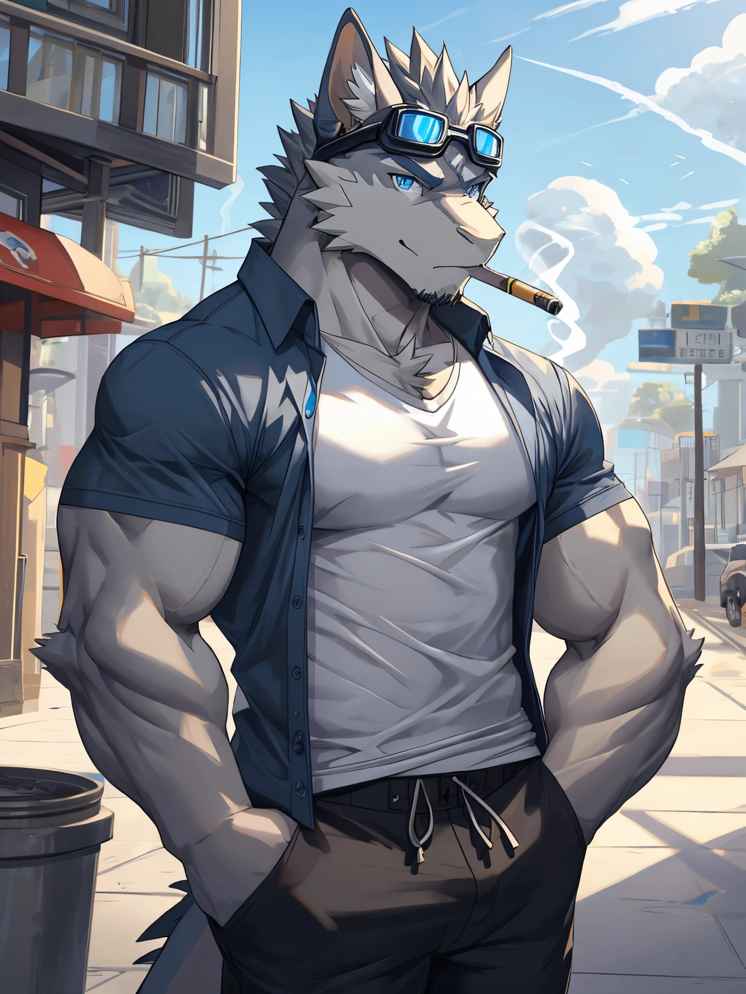 Masterpiece, Solo, Furry Gray Dragon, Adult, Gray Fur, Blue Eyes, Gray Short Hair, Muscular Body, Good Looking, Handsome, Fierce, Casual Shirt, Casual Pants, Blue Goggles, Smoking Vape.