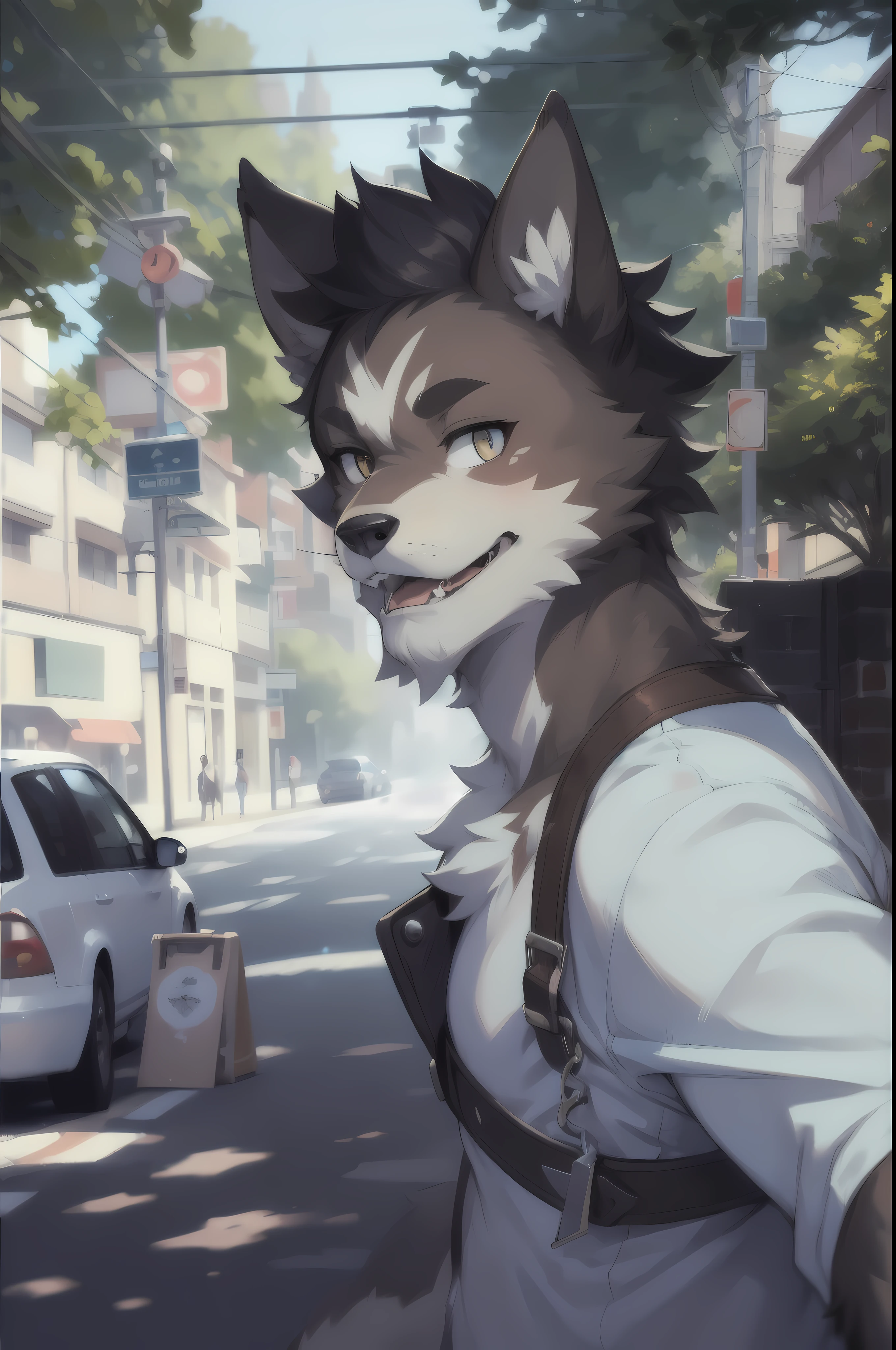 There was a man standing on the street holding a Frisbee,hairy pubic,white wolf, scar,Handsome, (A high resolution),tmasterpiece, 8K, New Jersey 5 Hairy,tmasterpiece, Best quality at best, perfect anatomia, eyes with brightness, detailedbackground,New Jersey 5 Hairy,plethora of colors