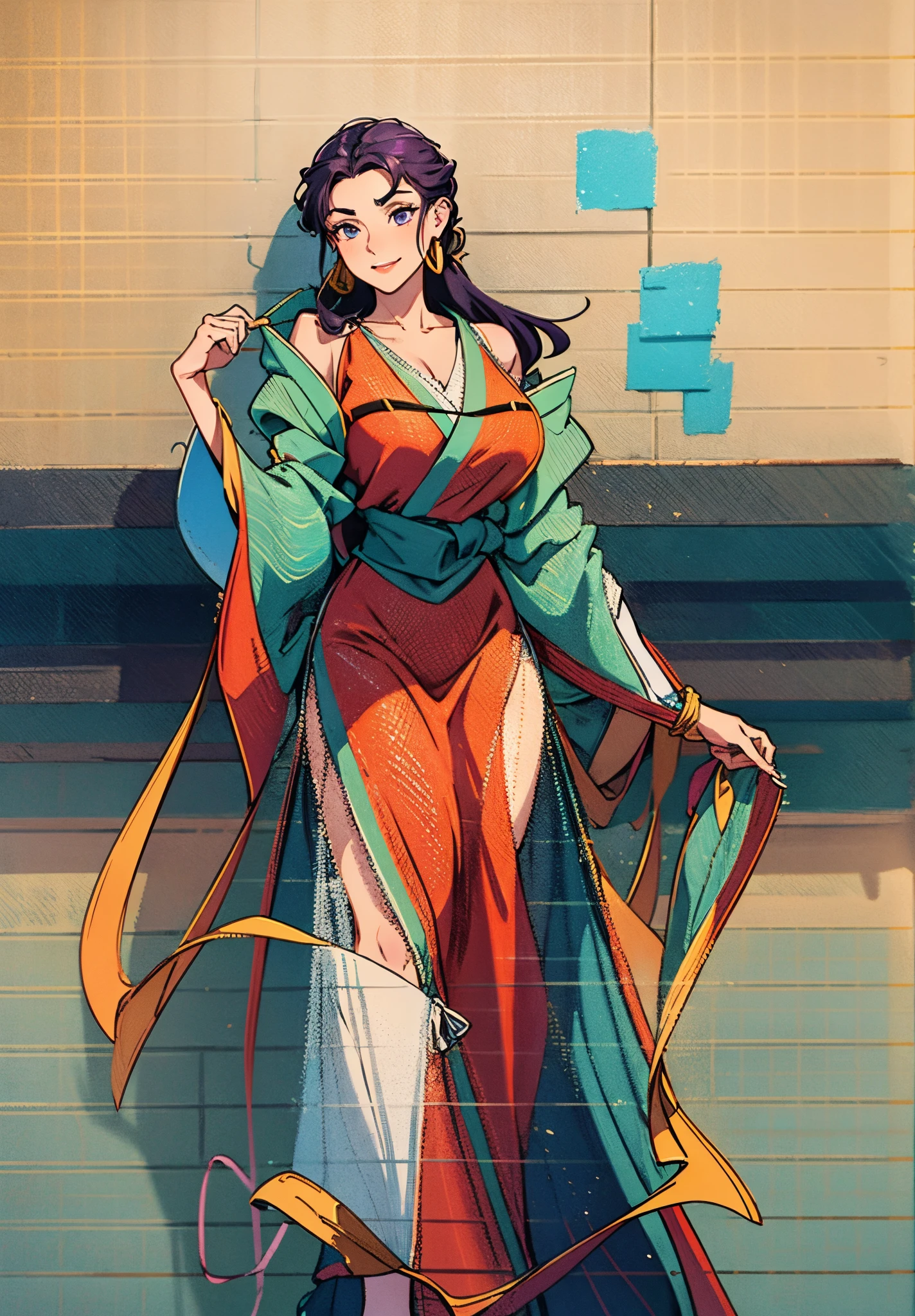 A mature woman, medium-length black-purple hair, curly bangs, sly eyes, a playful smile, an elegant and wise demeanor, a simple fantasy martial arts-style orange two-piece dress with a long skirt, wide sleeves, a flowing hem, Gracefully strolling in an ancient building towering among the mountains, this character embodies a finely crafted fantasy martial arts-style female warrior in anime style, exquisite and mature manga art style, high definition, best quality, highres, ultra-detailed, ultra-fine painting, extremely delicate, professional, anatomically correct, symmetrical face, extremely detailed eyes and face, high quality eyes, creativity, RAW photo, UHD, 8k, Natural light, cinematic lighting, masterpiece-anatomy-perfect, masterpiece:1.5