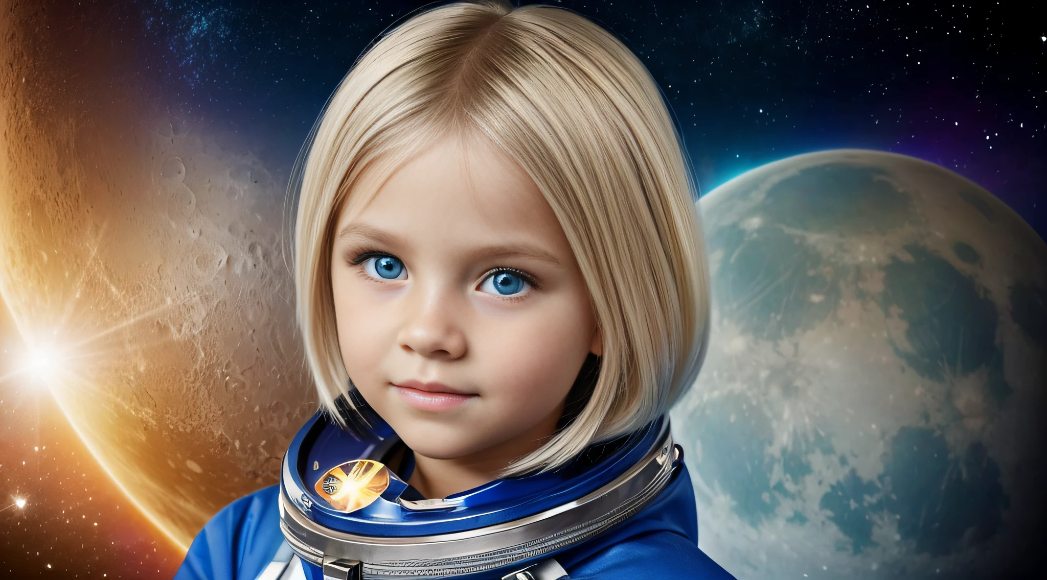 obra-prima, melhor qualidade, retrato de meio corpo, 1girl KIDS BLONDE, realista, kid girl, sorrindo, rosto bonito, cabelo curto, capacete de astronauta, fundo do universo estrelado, luz verdadeira,