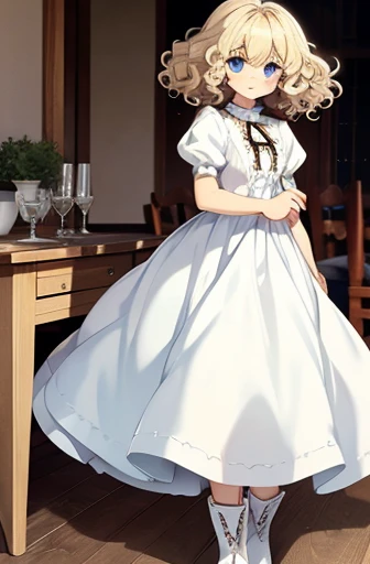 fluffy hair, a blond, Loose and fluffy perm, bobhair, Blue eyes, Blonde blue-eyed, White dress, a smile, A slender, brown boots, inside the house, black tea, The table