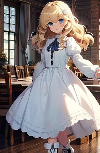 fluffy hair, a blond, Loose and fluffy perm, bobhair, Blue eyes, Blonde blue-eyed, White dress, a smile, A slender, brown boots, inside the house, black tea, The table