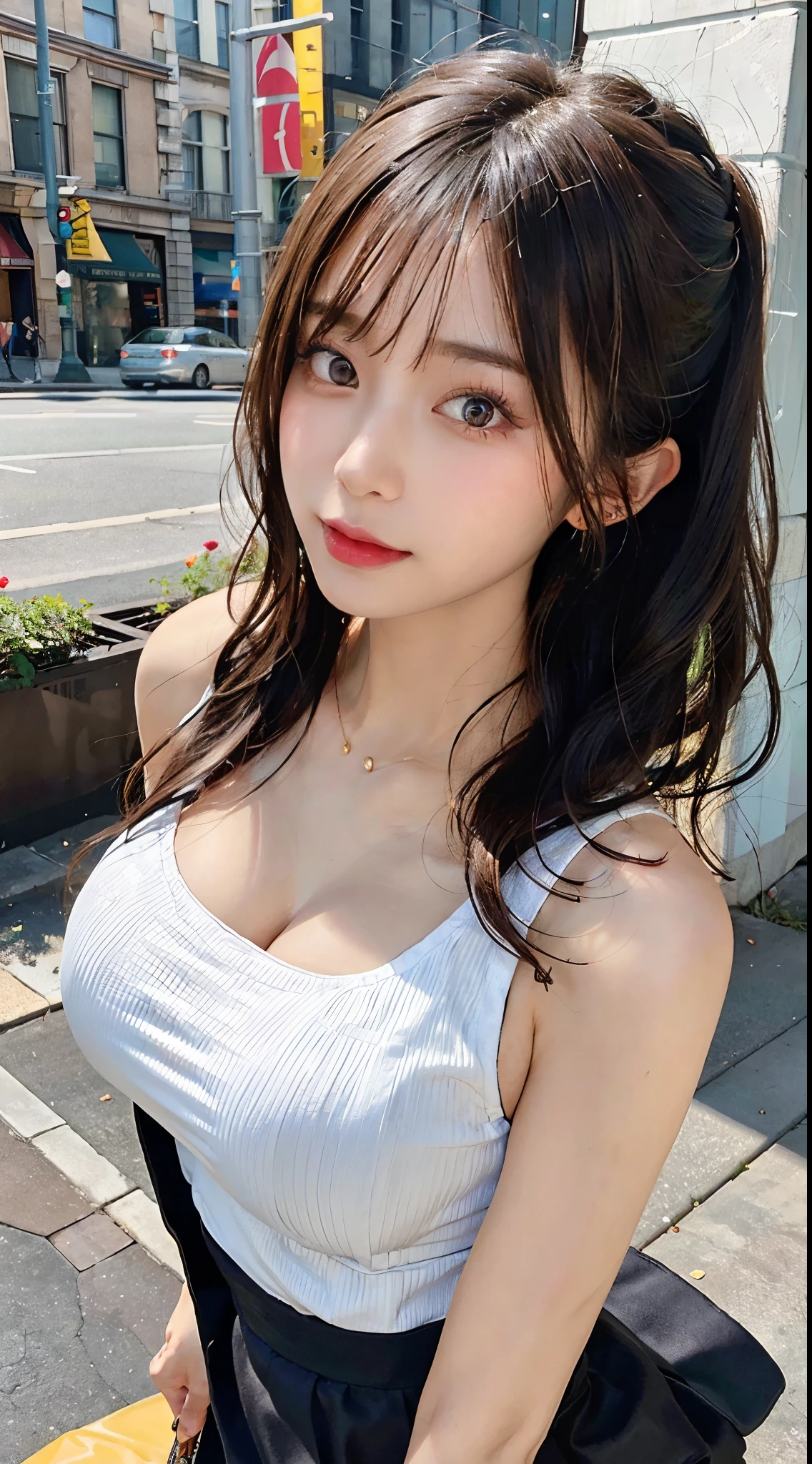 ((Best quality, 8k, Masterpiece :1.3)), Sharp focus:1.2, Perfect Body Beauty:1.4, Slim Abs:1.2, ((Layered hairstyle, Big breasts:1.2)), (Tank top shirt:1.1 ), (Street:1.2), Highly detailed face and skin texture, Fine eyes, Double eyelids, Seduction, short skirt, flight attendant, long brown hair, office chair, hip skirt, Big breasts do not leak points, high-definition facial features, 8K