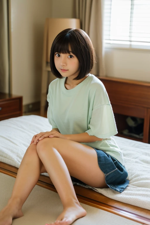 An ultra-high picture quality、Perfect Photo、13-year-old beautiful girl、Japan beautiful girl、middle school girl、light skinned、slender、cute little、（tiny chest）、Lying on his back on the bed、Pleated mini-skirt、Raised mini skirt、（big eye）、With bangs、（astonished face）、short-hair、Straight hair、（teats）、girl's own room、thighs thighs thighs thighs、（White panties are visible）、