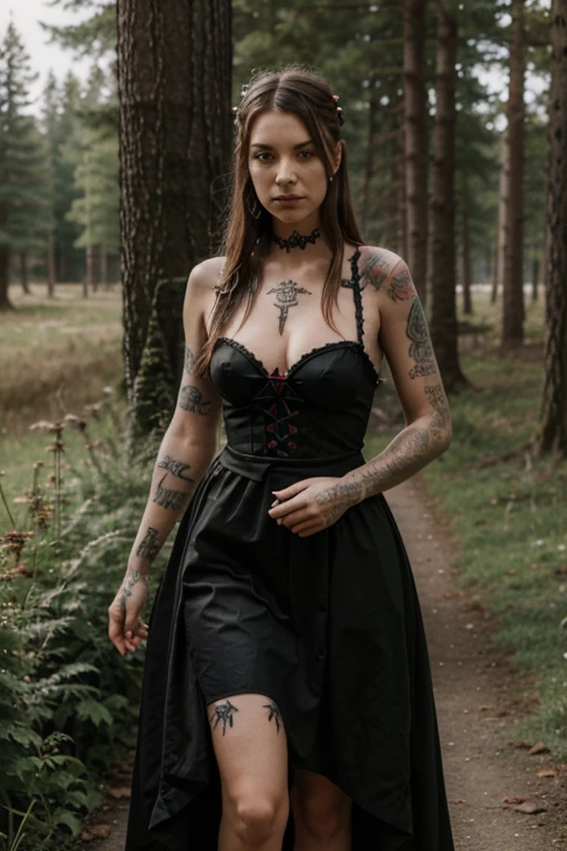 Nordische Kriegerin, mit Runen Tattoos, Rothaarig, Mytischer Wald, rotes Kleid
