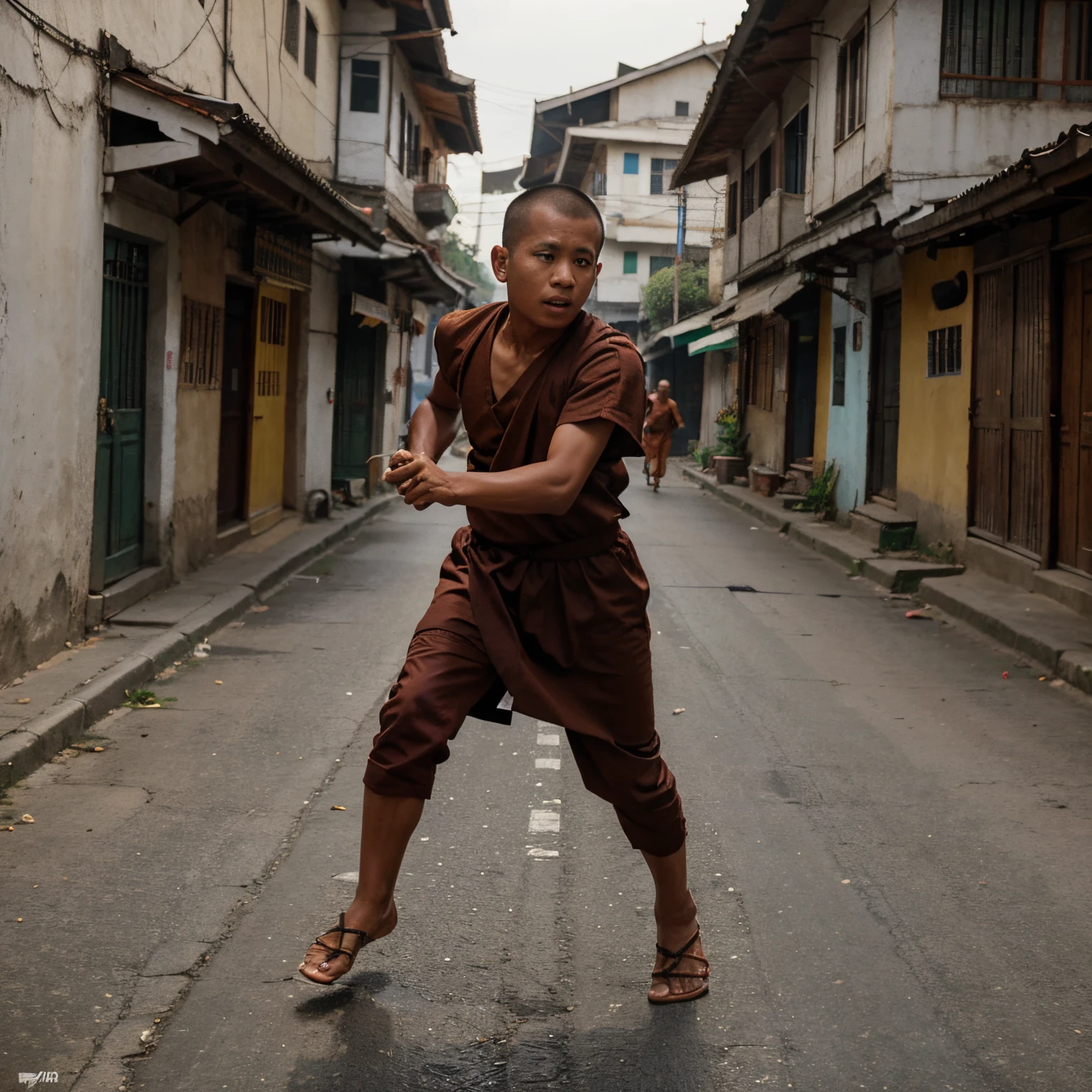 young myanmar monk, running position on the street of village, playing with goshes, 32k resolution photo, realistic photo, high performance