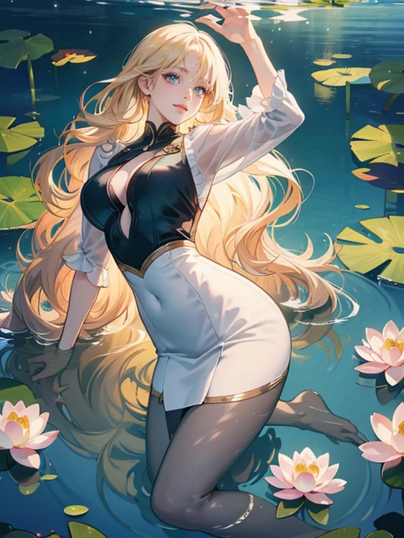 mature woman, medium breasts, pale blonde hair with bangs, long hair, wavy hair, bright green eyes, pink lips color, smiling happily at viewer, Surrealism, anime style, depth of field, 8k, super detail, high details, Cinematic lighting, night time, shadow over face, Close-up, camera from the bottom up, hyper HD, Masterpiece, High details, detailed light, detailed shadow, detailed background. mermaid with golden fin, full body image, background: lotus in bloom, tall lotus leaves, transparent pond, water ripple, blue sky, white clouds, woman is partially submerged in water