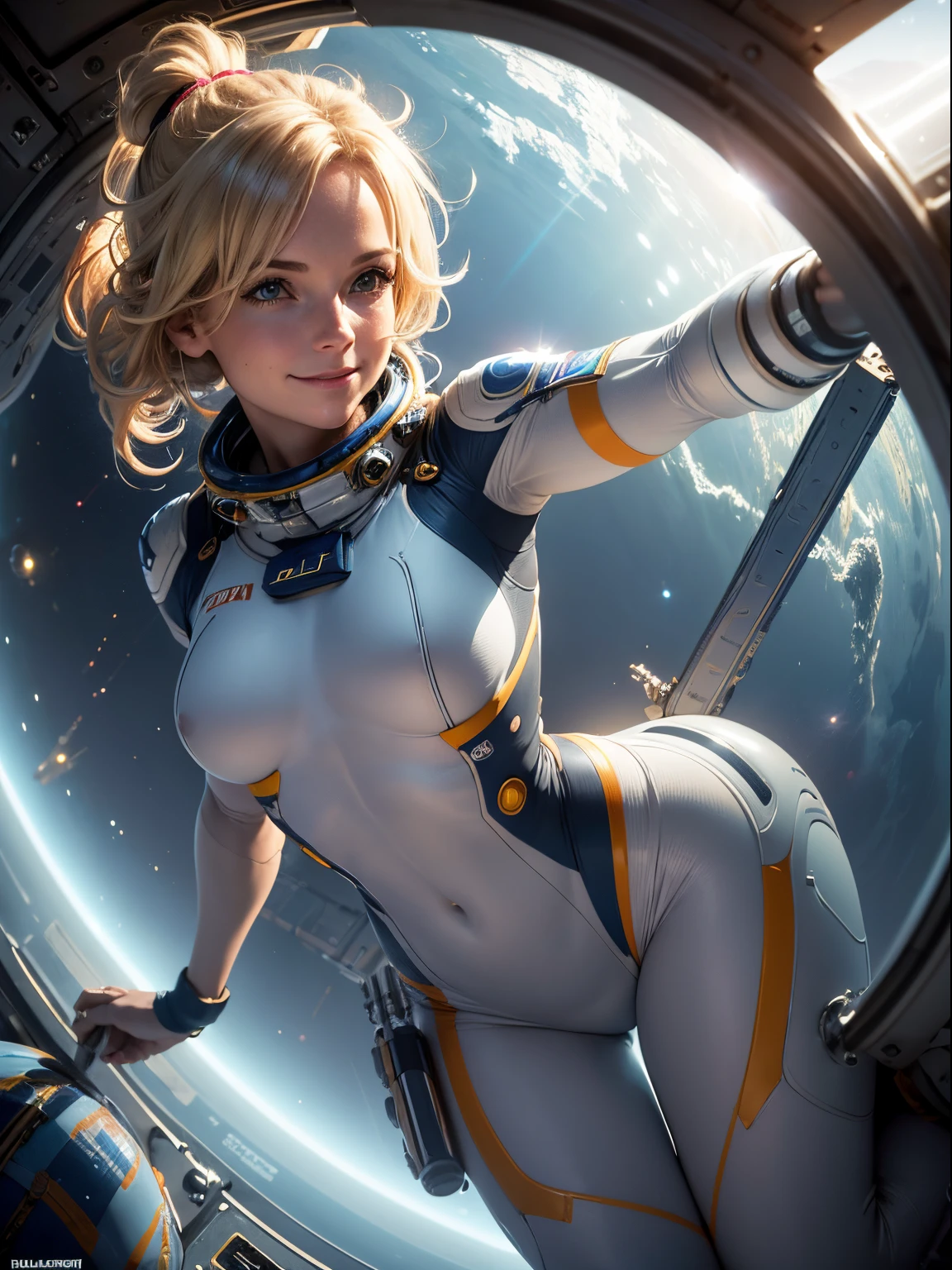 Helen Skelton, floating in zero gravity, smiling, moist skin, full figure, topless, bottom half of bulky spacesuit, realistic NASA spacesuit and helmet, blonde hair floating, tiny breasts, onboard space station, Earth outside, sunbeam shining in through round viewport, floating spanner, floating screwdrivers, floating bolts, dramatic light, deep shadows