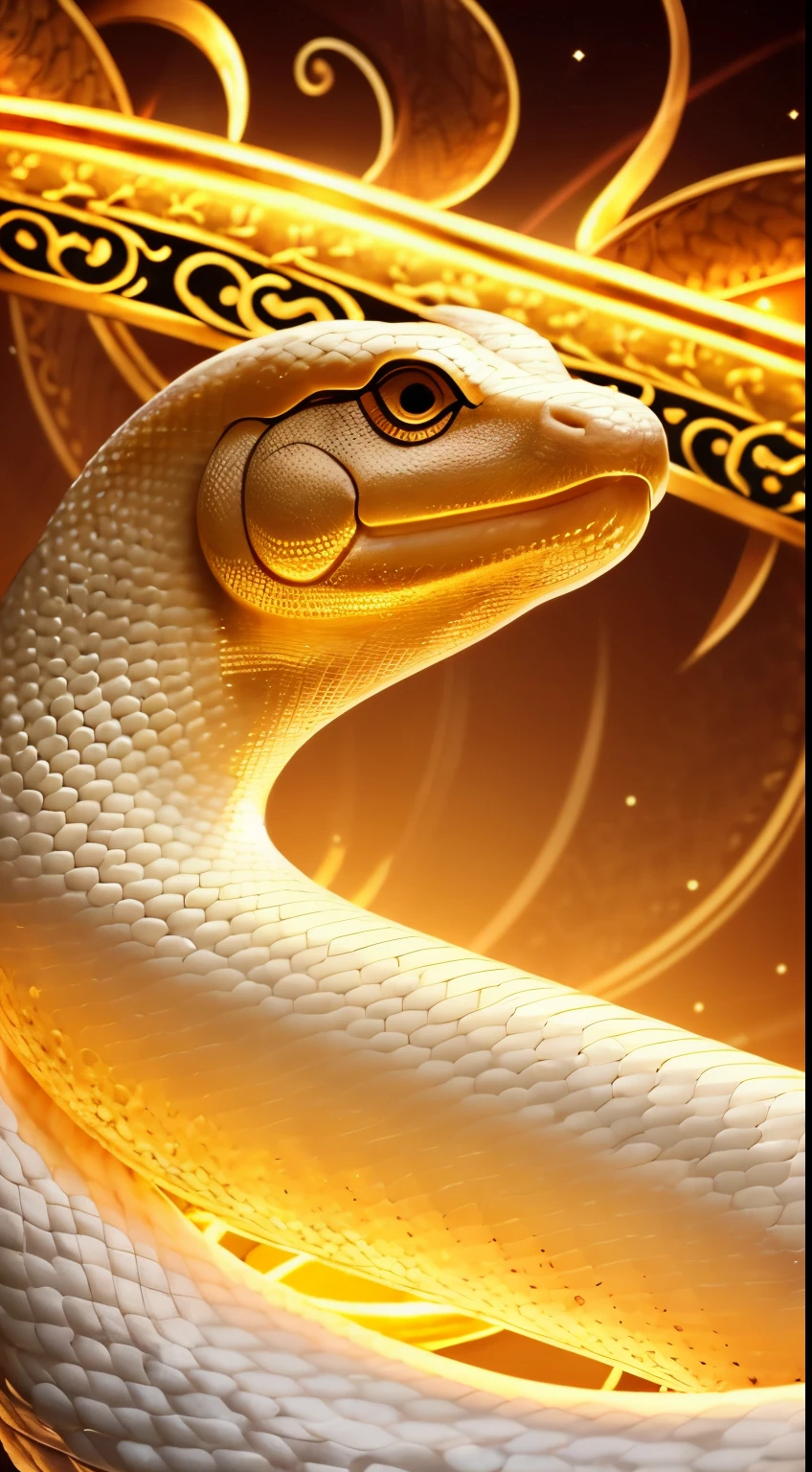 masutepiece, Best Quality, hight resolution,Fantastic,Looking at the camera,up of face,giant white snake,White snake,Auspicious,Glowing background,shrine background,radiating golden light