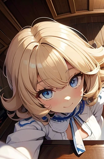 fluffy hair, a blond, Loose and fluffy perm, bobhair, Blue eyes, Blonde blue-eyed, White Dress, A smile, A slender, Brown boots, in a house, black tea, The table, close up of face,Perspective from above