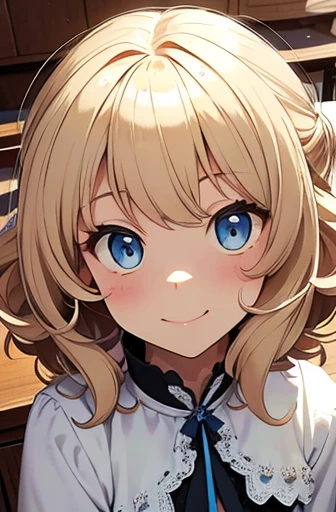 fluffy hair, a blond, Loose and fluffy perm, bobhair, Blue eyes, Blonde blue-eyed, White Dress, A smile, A slender, Brown boots, in a house, black tea, The table, close up of face,Perspective from above