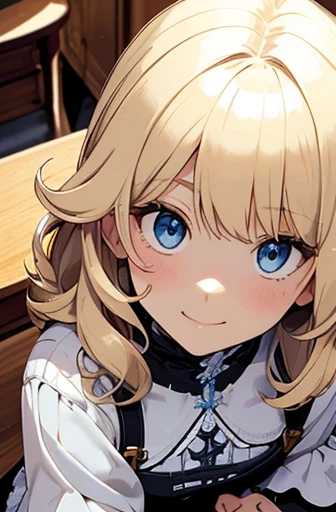 fluffy hair, a blond, Loose and fluffy perm, bobhair, Blue eyes, Blonde blue-eyed, White Dress, A smile, A slender, Brown boots, in a house, black tea, The table, close up of face,Perspective from above