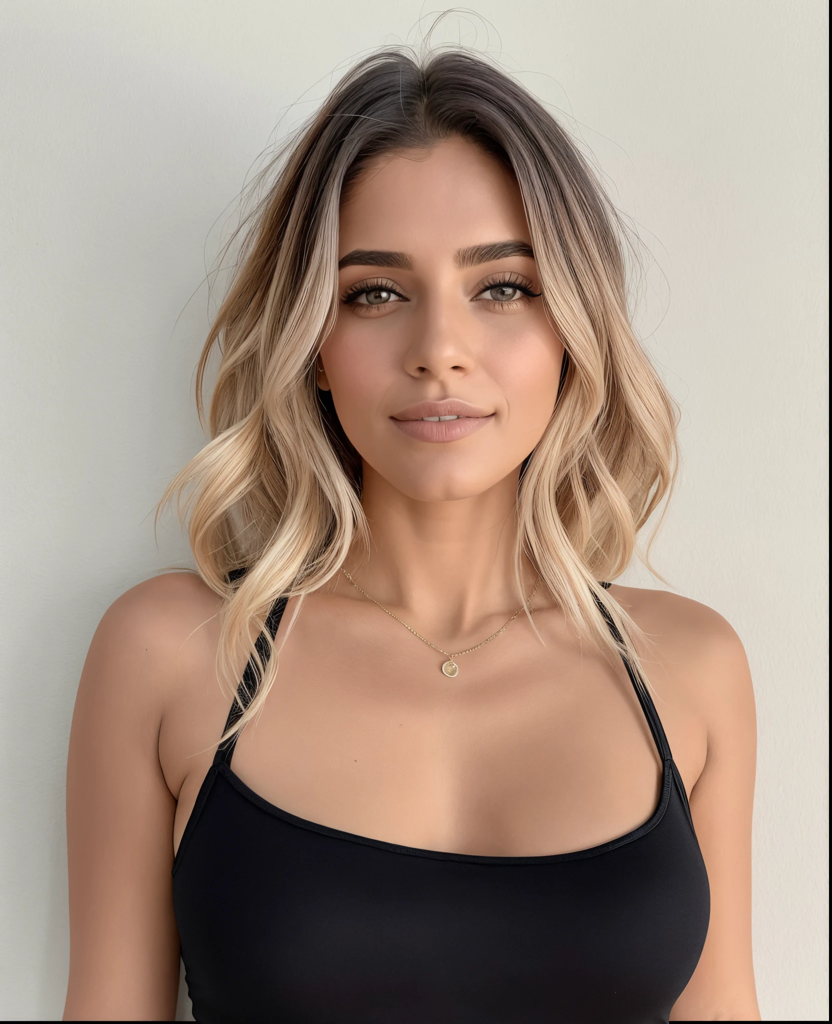 mulher loira com cabelos longos, vestindo uma blusa preta e um colar, Caroline Gariba, she is wearing a black tank top, fernanda suarez, julia fuentes, Marischa Becker, tampo preto, Malika Favre, Parece Laura Barriales, Lorena Avarez, Parece Fabiula Nascimento, julia sarda, andrea rocha