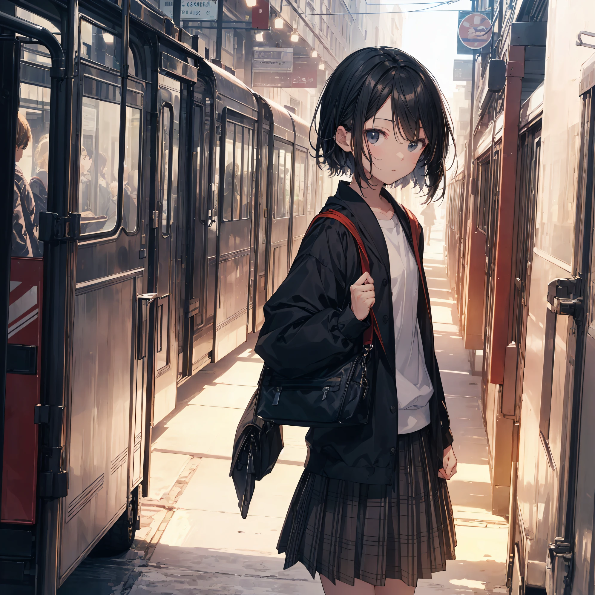 of the highest quality, Ultra-detailed, anime moe art style,Best Anime 8K Konachan Wallpapers,Pixiv Contest Winner,Perfect Anatomy, (Draw a girl sleepily walking to school. ),BREAK, 1 girl is a beautiful girl, (Solo,Lori,child,13years:1.3),a junior high school student, Androgynous attraction, (Center part very short hair),hair messy, Forehead, Full limbs, complete fingers,flat chest, Small butt, groin, Small eyes,Beautiful detailed black eyes,disgusted eye, School uniform, Skirt,On the way to school. BREAK,High resolution,super detailed skin, Professional Lighting, Illustration,