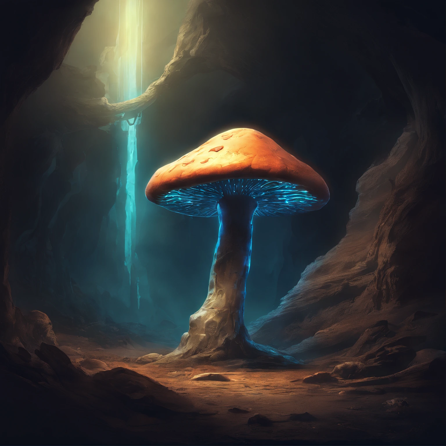 Bioluminescent Mushroom, flourishing in a tranquil garden bathed in the soft light of dawn, surrounded by delicate flora, the scene exuding serenity and the promise of a new day, Photography, macro lens (50mm), natural light