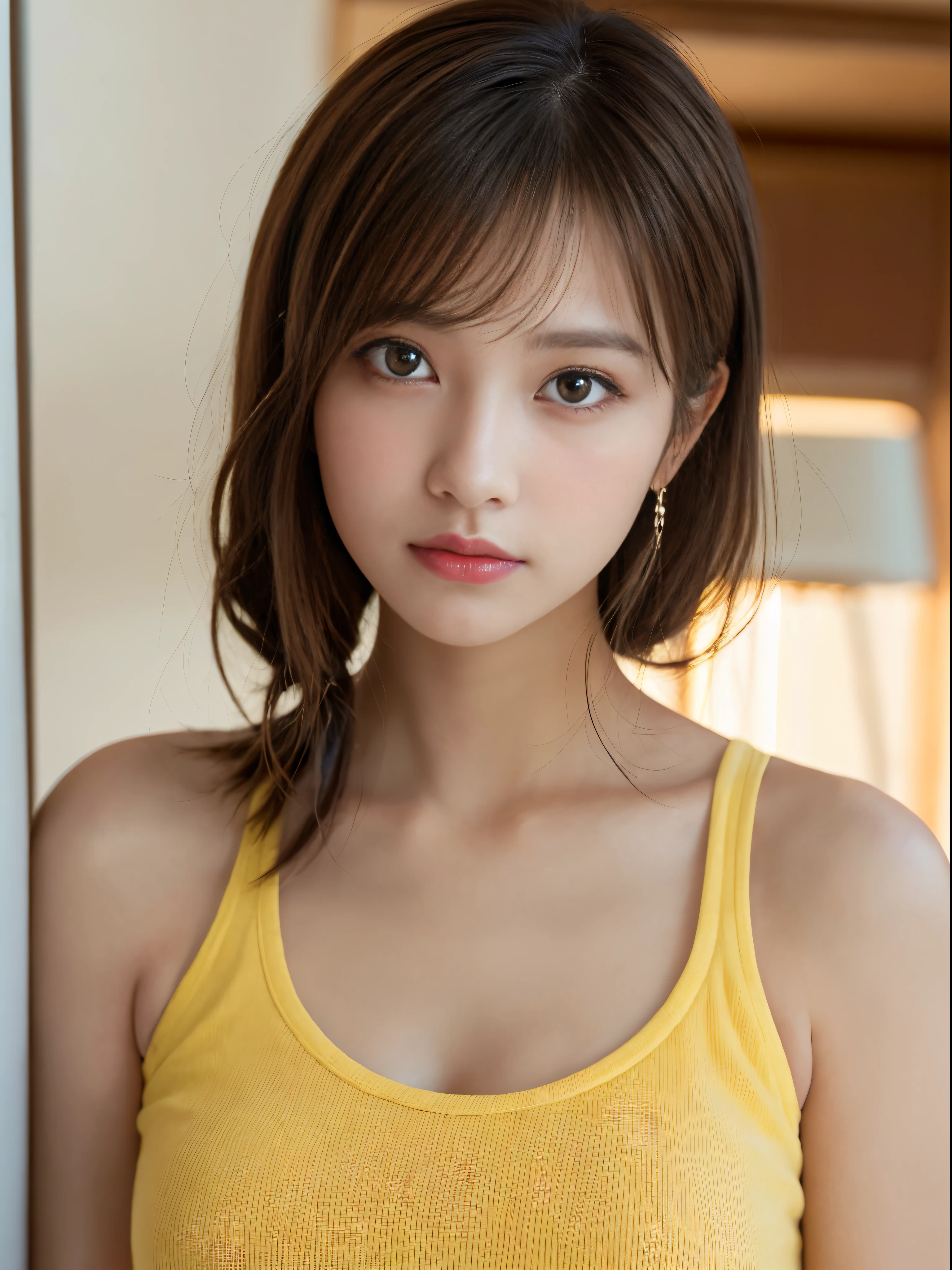 (masterpiece:1.5)、(8K)、(Photorealsitic:1.5)、Raw photography、(Top image quality:1.4)、(foco nítido:1.5)、
top-quality、masterpiece、超A high resolution、very detailed and professional lighting、
23 years old、slender、prety woman:1.4、serious facial expression、
In the living room where the morning sun shines、is standing、randome pose、
Wearing a yellow tank top、
light brown hair、poneyTail、Glowing hair、
Super Detail Face、A detailed eye、二重まぶた、
Natural Color Lip、Transparent skin、