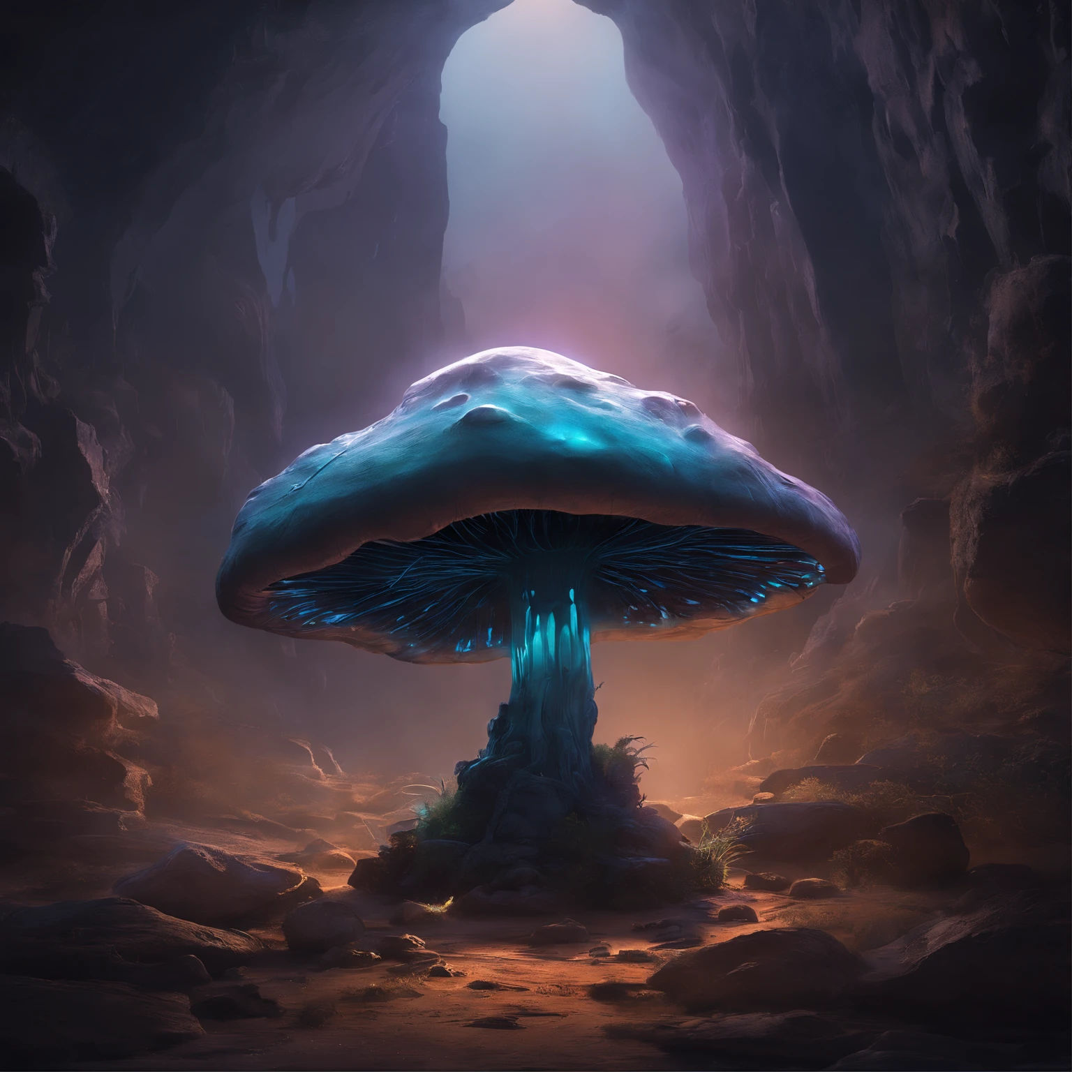 Bioluminescent Mushroom, flourishing in a tranquil garden bathed in the soft light of dawn, surrounded by delicate flora, the scene exuding serenity and the promise of a new day, Photography, macro lens (50mm), natural light