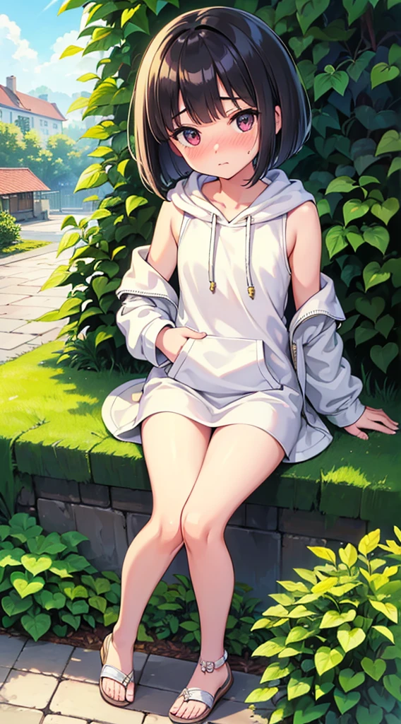 super fine illustration, super detailed skin, 1 girl, baby face, petite, nose blush, bob cut, brunette, white oversized hoodie, sleeveless, skirtless, no panties, sandals, barefoot, whole body, house garden, spread_legs,