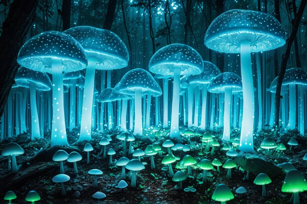 Best quality,A high resolution,ultra - detailed,(actual:1.37),Fluorescent mushrooms,Whole luminous transparent mushroom,Fantastical,Forest scene,Dewdrops,flash lights,soft mist,fluorescent light blue,emit bright light，transparency,enchanting atmosphere,The magic of nature,Surreal,HighDynamicRange,Focus sharp,bokeh