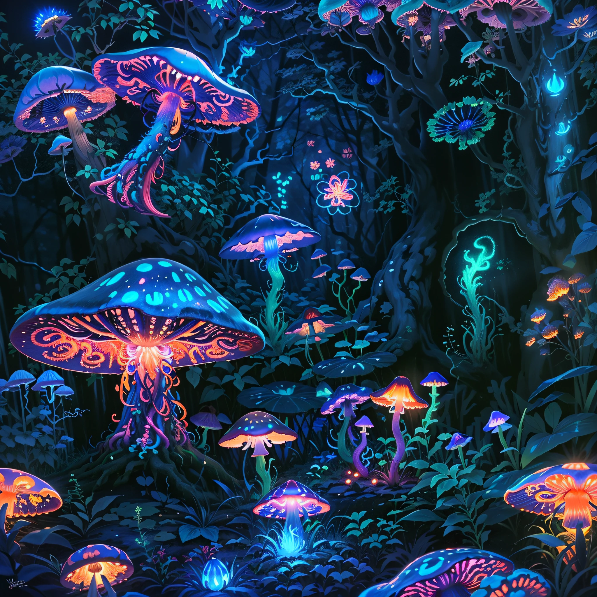 Bioluminescent Mushroom, flourishing in a tranquil garden bathed in the soft light of dawn, surrounded by delicate flora, the scene exuding serenity and the promise of a new day, Photography, macro lens (50mm), natural light