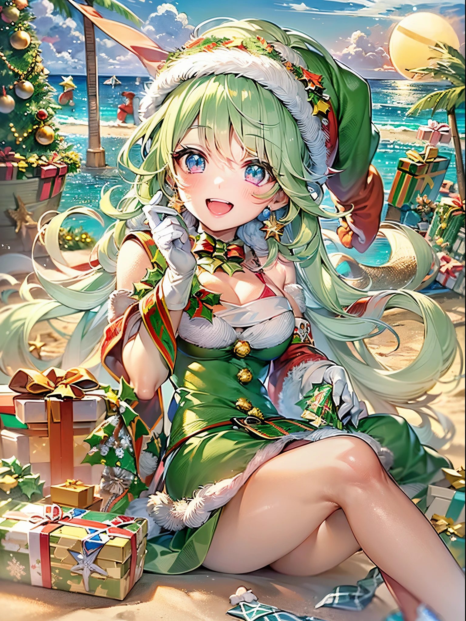 ((Finest quality)),(超A high resolution),(ultra-detailliert),(Meticulous portrayal),((Best Anime)),(Finest works of art),Ultra-Precision Art,The art of astounding depiction,Overwhelming descriptive power:1.5, ((Midsummer Christmas:1.6)), (adult woman:1.5),Proportioned proportions:1.5,Beautiful and detailed face:1.5,(santa claus:1.5),(red santa bikini:1.5),(light green hair:1.4),(Bursting smile:1.5),Healthy:1.5, (Midsummer beach:1.8),glowing sun:1.5,Into the cloud:1.5
