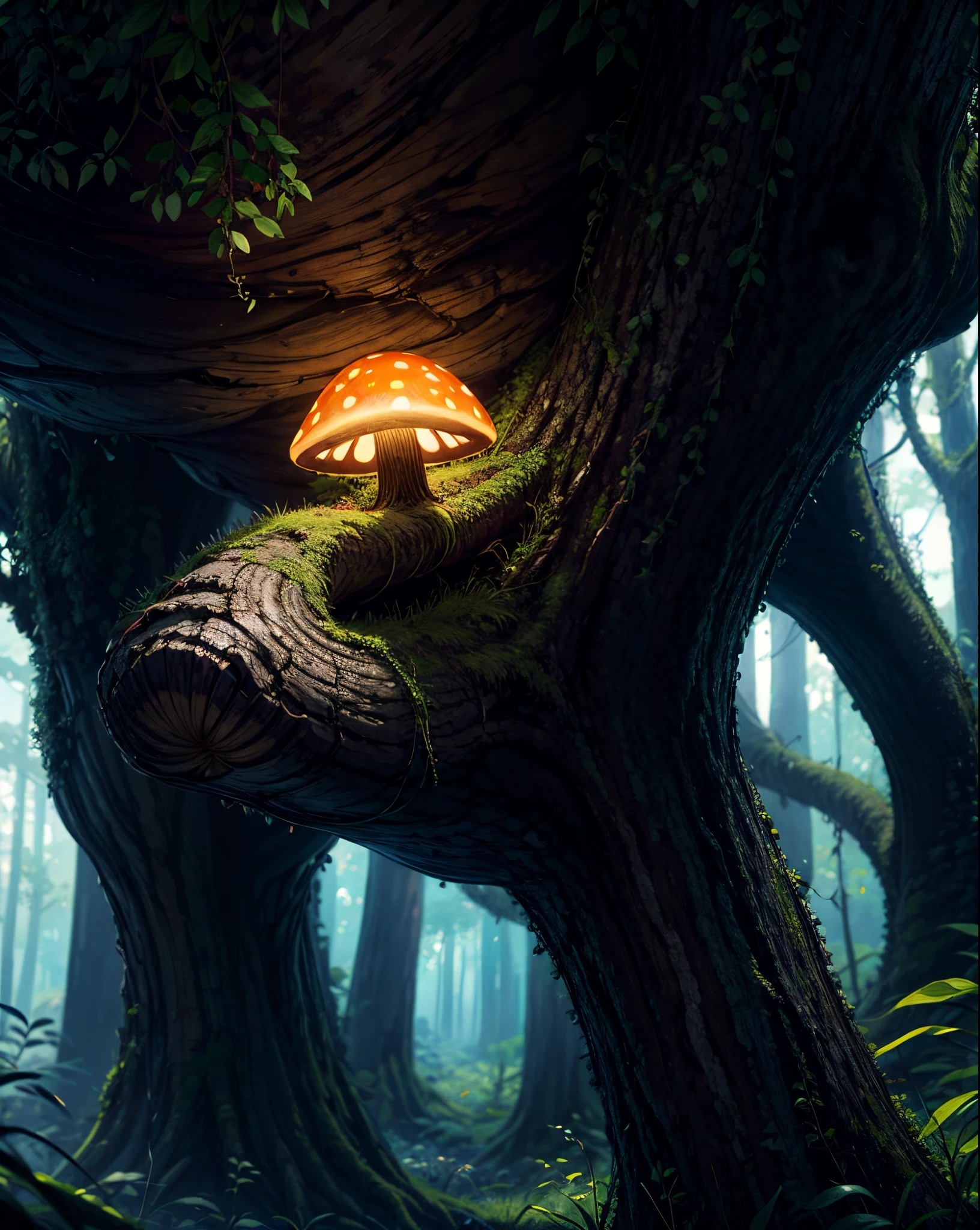 Bioluminescent Mushroom, flourishing in a tranquil garden bathed in the soft light of dawn, surrounded by delicate flora, the scene exuding serenity and the promise of a new day, Photography, macro lens (50mm), natural light