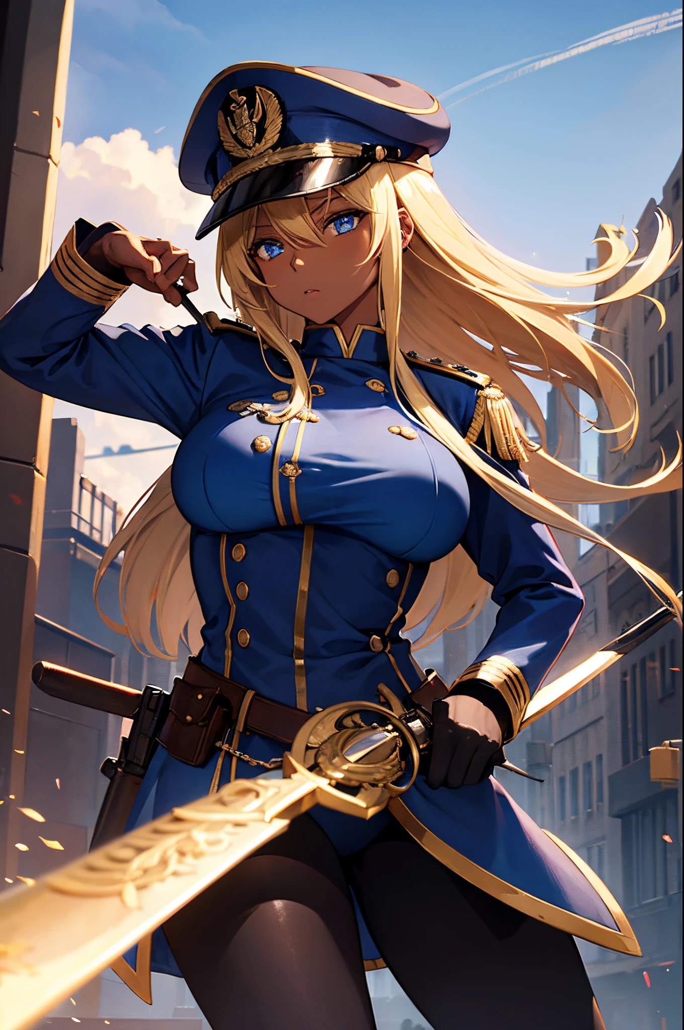 Female, Hime Cut Blonde hair, Blue eyes, dark brown skin, large breasts, wearing a military uniform and military cap and wielding a sword. A city background during the day time.