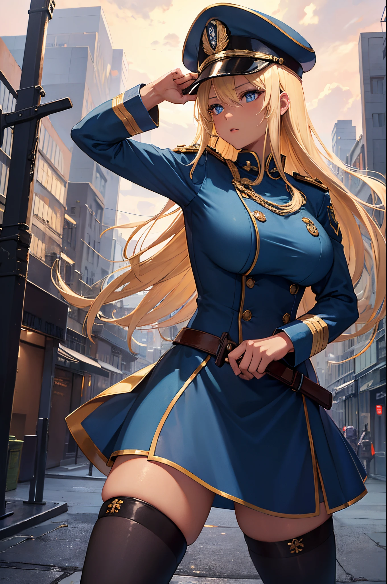 Female, Hime Cut Blonde hair, Blue eyes, dark brown skin, large breasts, wearing a military uniform and military cap and wielding a sword. A city background during the day time.