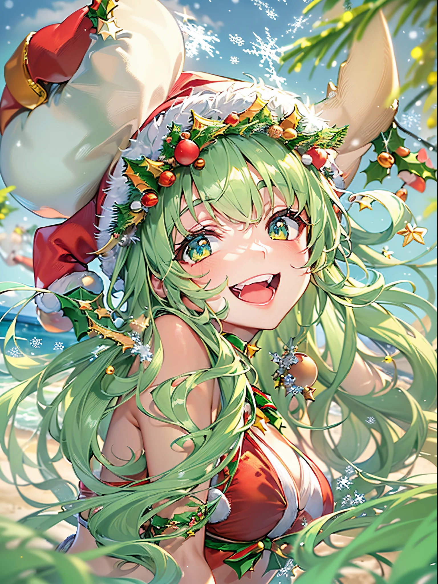 ((Finest quality)),(超A high resolution),(ultra-detailliert),(Meticulous portrayal),((Best Anime)),(Finest works of art),Ultra-Precision Art,The art of astounding depiction,Overwhelming descriptive power:1.5, ((Midsummer Christmas:1.6)), (Female Santa Claus:1.5),(Santa Bikini:1.5),(light green hair:1.4),(Bursting smile:1.5), (Midsummer beach:1.8),glowing sun:1.5,Into the cloud:1.5