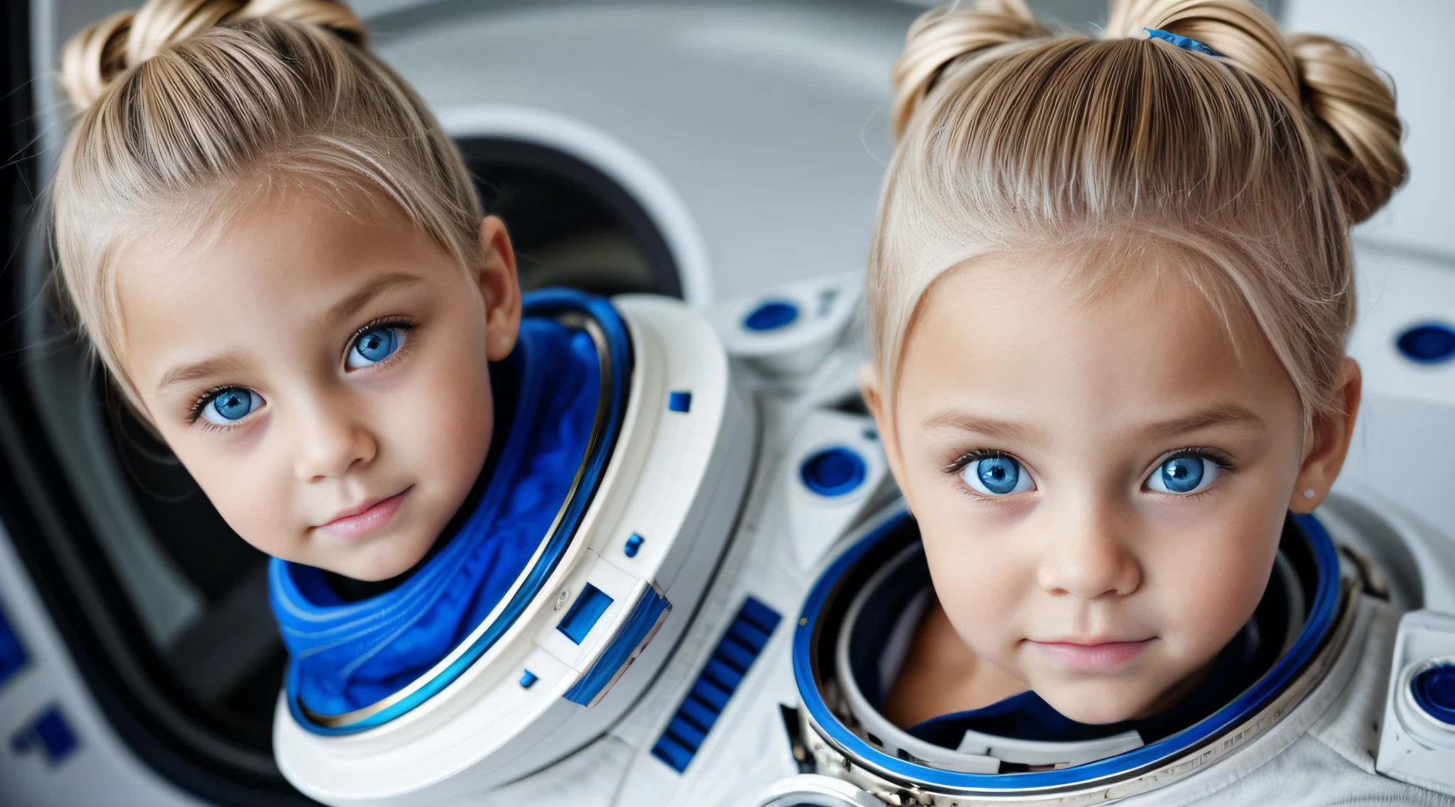 em frente a uma luz azul, beautiful girl RUSSIAN CHILD BLONDE HAIR hairbun, olhos brilhantes, olhos perfeitos, 10 anos. numa superficie lunar, com roupa de astronauta