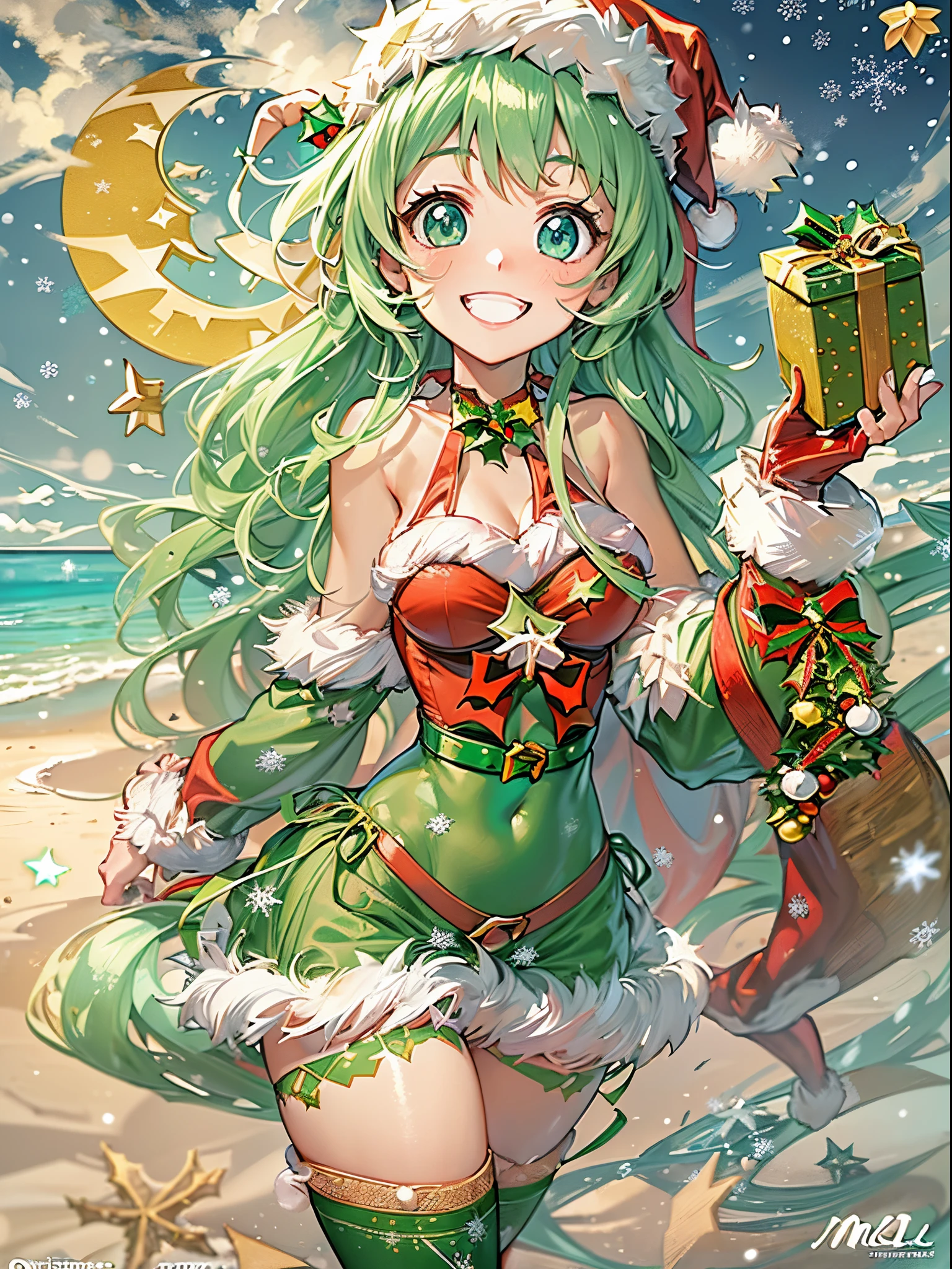((Finest quality)),(超A high resolution),(ultra-detailliert),(Meticulous portrayal),((Best Anime)),(Finest works of art),Ultra-Precision Art,The art of astounding depiction,Overwhelming descriptive power:1.5, ((Midsummer Christmas:1.6)), (Female Santa Claus:1.5),(Santa Bikini:1.5),(light green hair:1.4),(Bursting smile:1.5), (Midsummer beach:1.8),glowing sun:1.5,Into the cloud:1.5