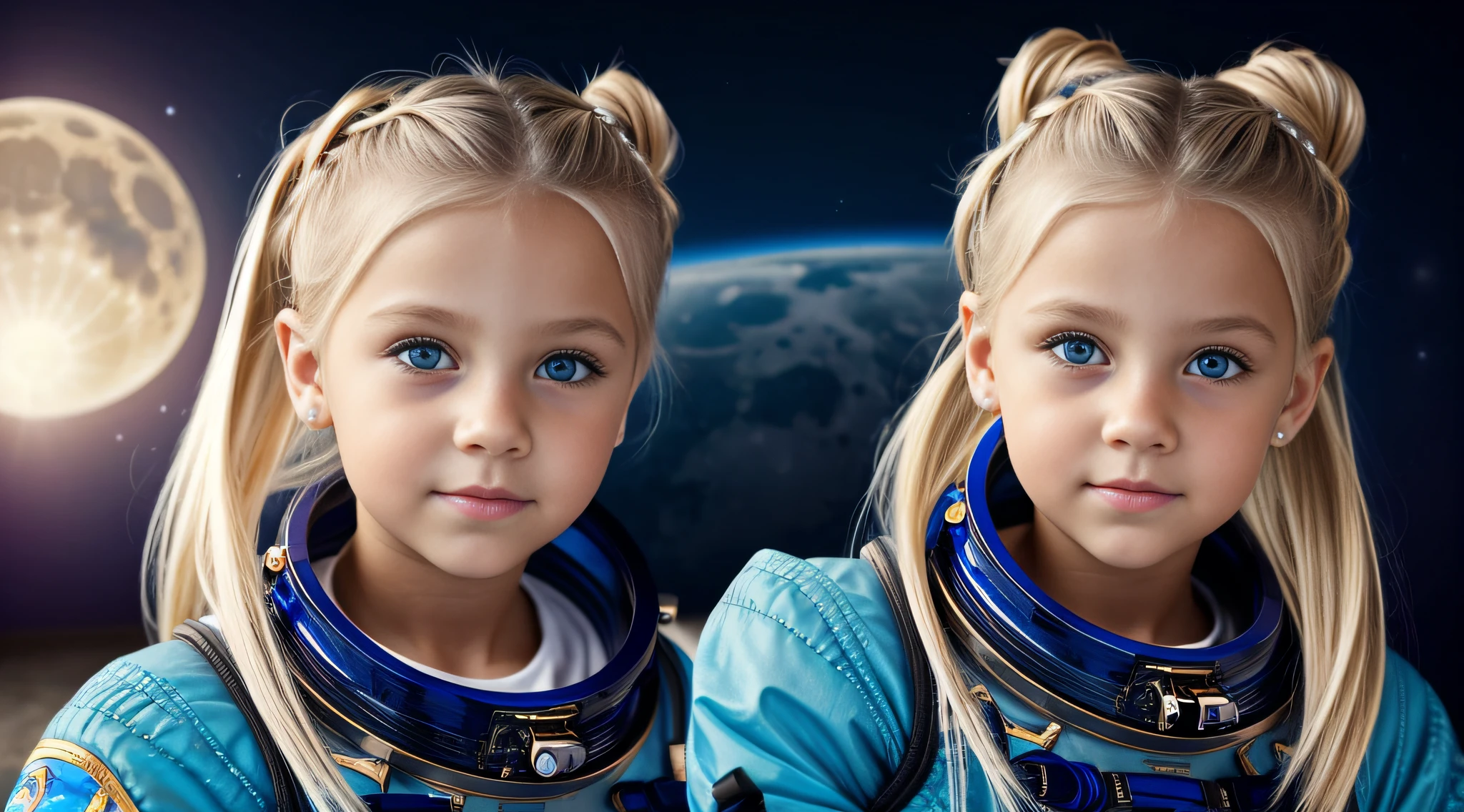 em frente a uma luz azul, beautiful girl RUSSIAN CHILD BLONDE HAIR hairbun, olhos brilhantes, olhos perfeitos, 10 anos. numa superficie lunar, com roupa de astronauta