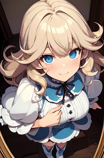 full bodyesbian, fluffy hair, a blond, Loose and fluffy perm, bobhair, Blue eyes, Blonde blue-eyed, White Dress, A smile, A slender, Brown boots, in a house, black tea, close up of face,Perspective from above, Hollow eyes, Crisp eyes