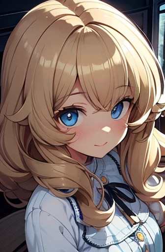 full bodyesbian, fluffy hair, a blond, Loose and fluffy perm, bobhair, Blue eyes, Blonde blue-eyed, White Dress, A smile, A slender, Brown boots, in a house, black tea, close up of face,Perspective from above, Hollow eyes, Crisp eyes