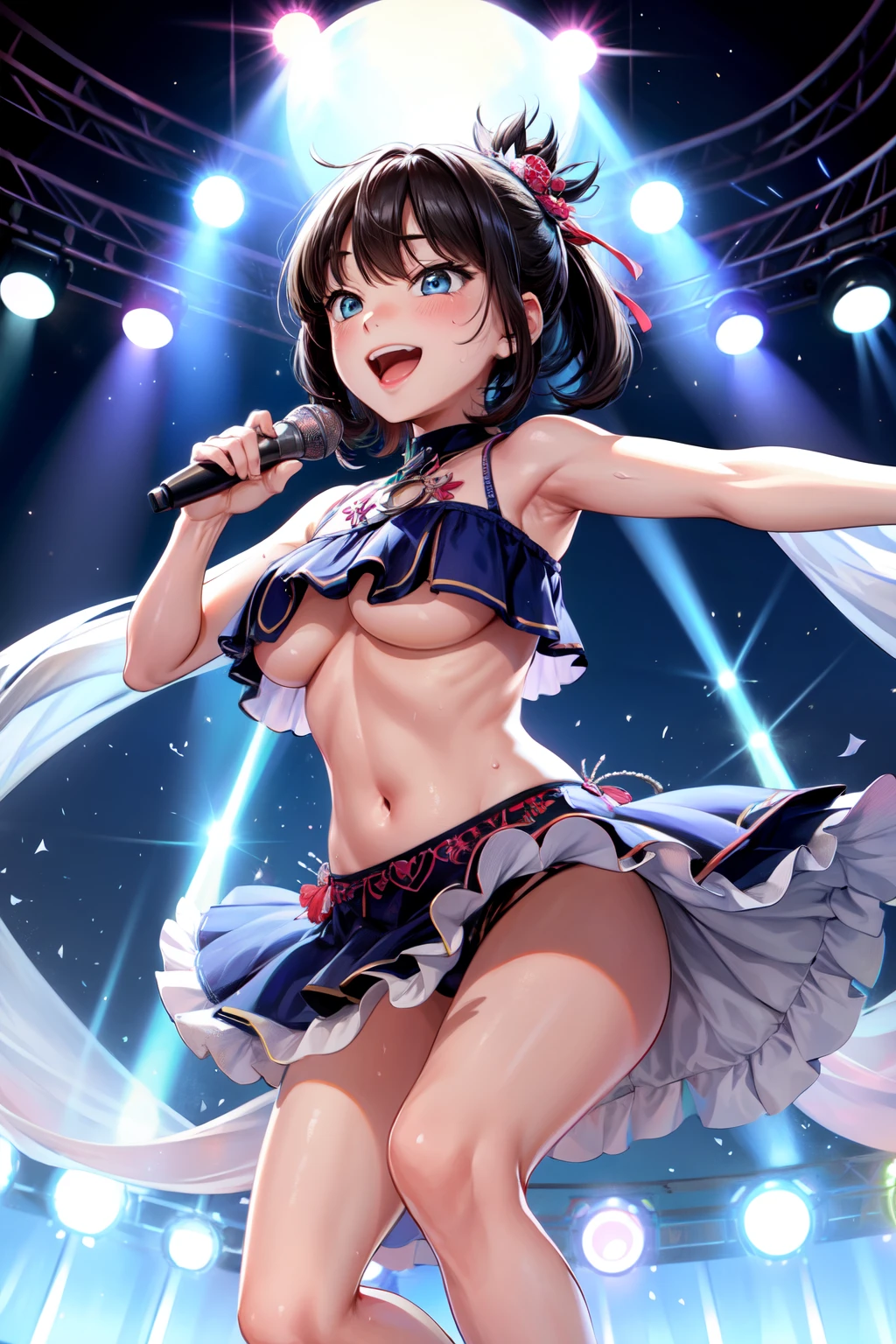 hight resolution, top-quality, ultra-quality, The ultra-detailliert, lighting like a movie、In the street、full of sweat、Wearing sweat、A dark-haired、Idol girl singing in bandstand、huge smile、Sunnyday、open one's legs、Spread your legs apart、Sunnyday、fullnude、Colossal tits、teats、NSFW、punk