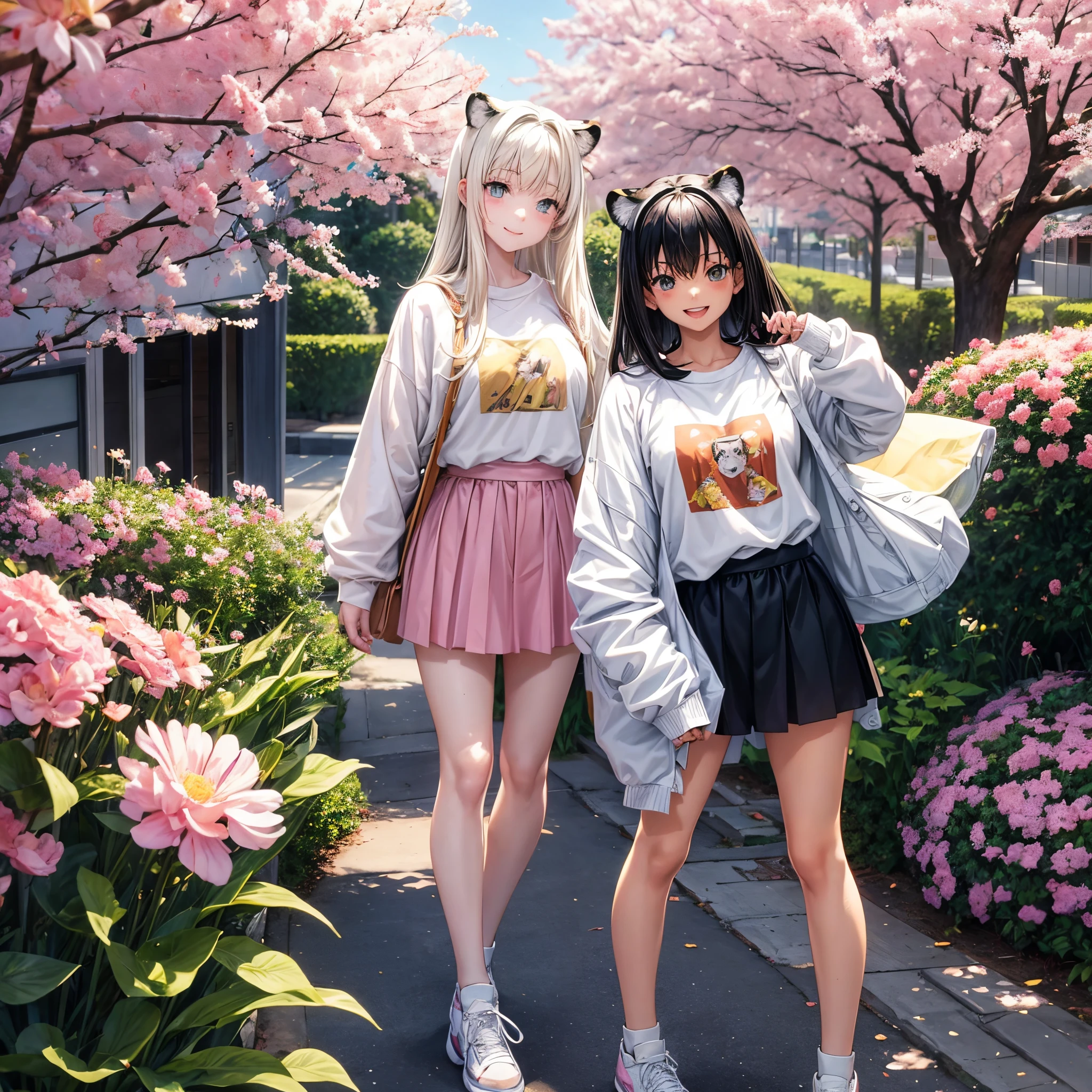 anime two dimensional girls,16 yaers old,Wearing a white sweatshirt,The figure stands out,with fair skin,Standing in the sunshine and spring breeze,Black hair,Smiling slightly, showing a sweet smile with tiger teeth,The spring breeze blows through the black hair