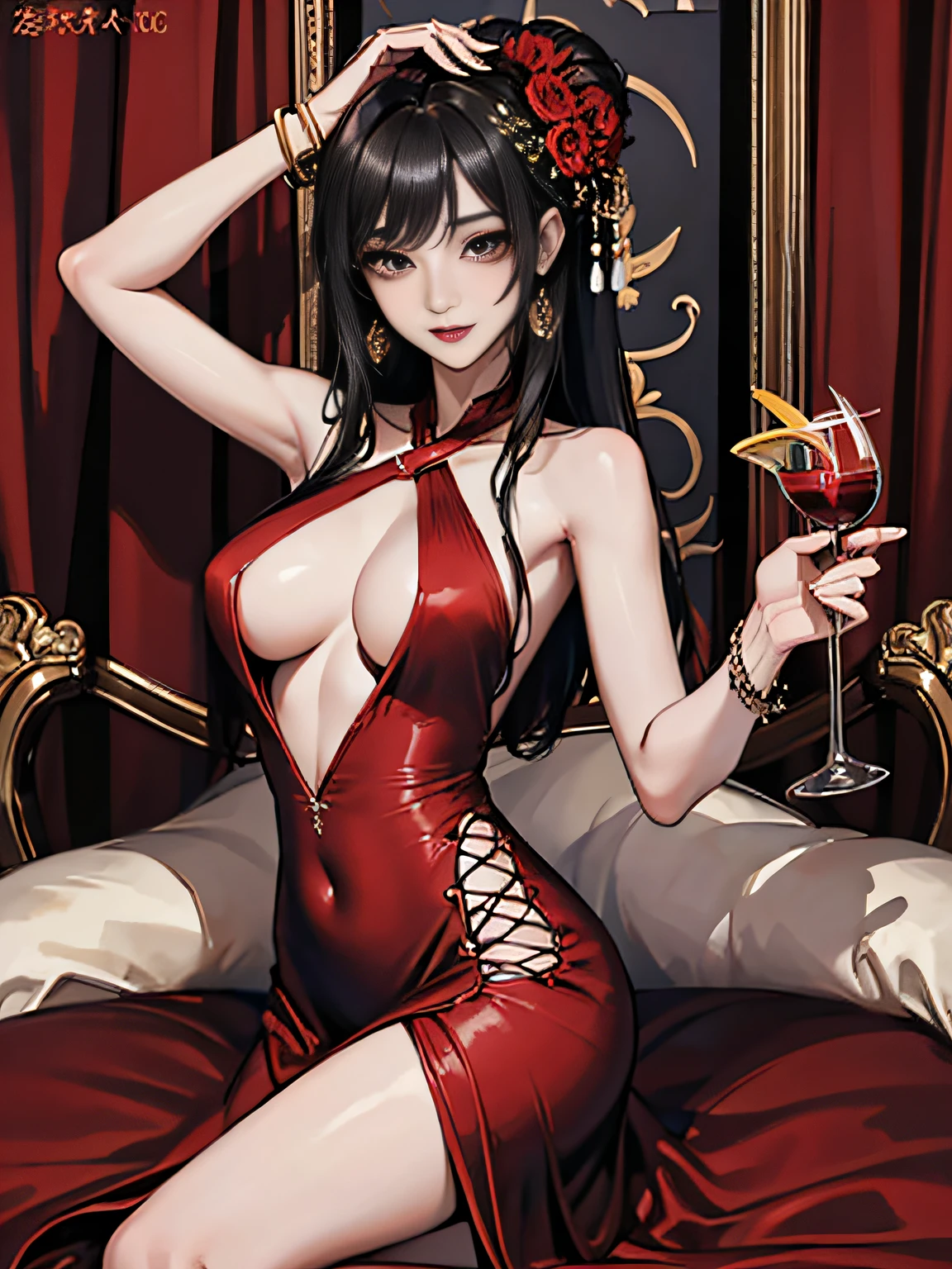 超A high resolution、An ultra-high picture quality、8K、Detailed details、marvelous expression、1 person woman、Tall slender woman、Super small breasts、small tits、black hair long perm style、Luxurious hair ornaments、red satin cocktail dress、Luxury hotel dance party background、