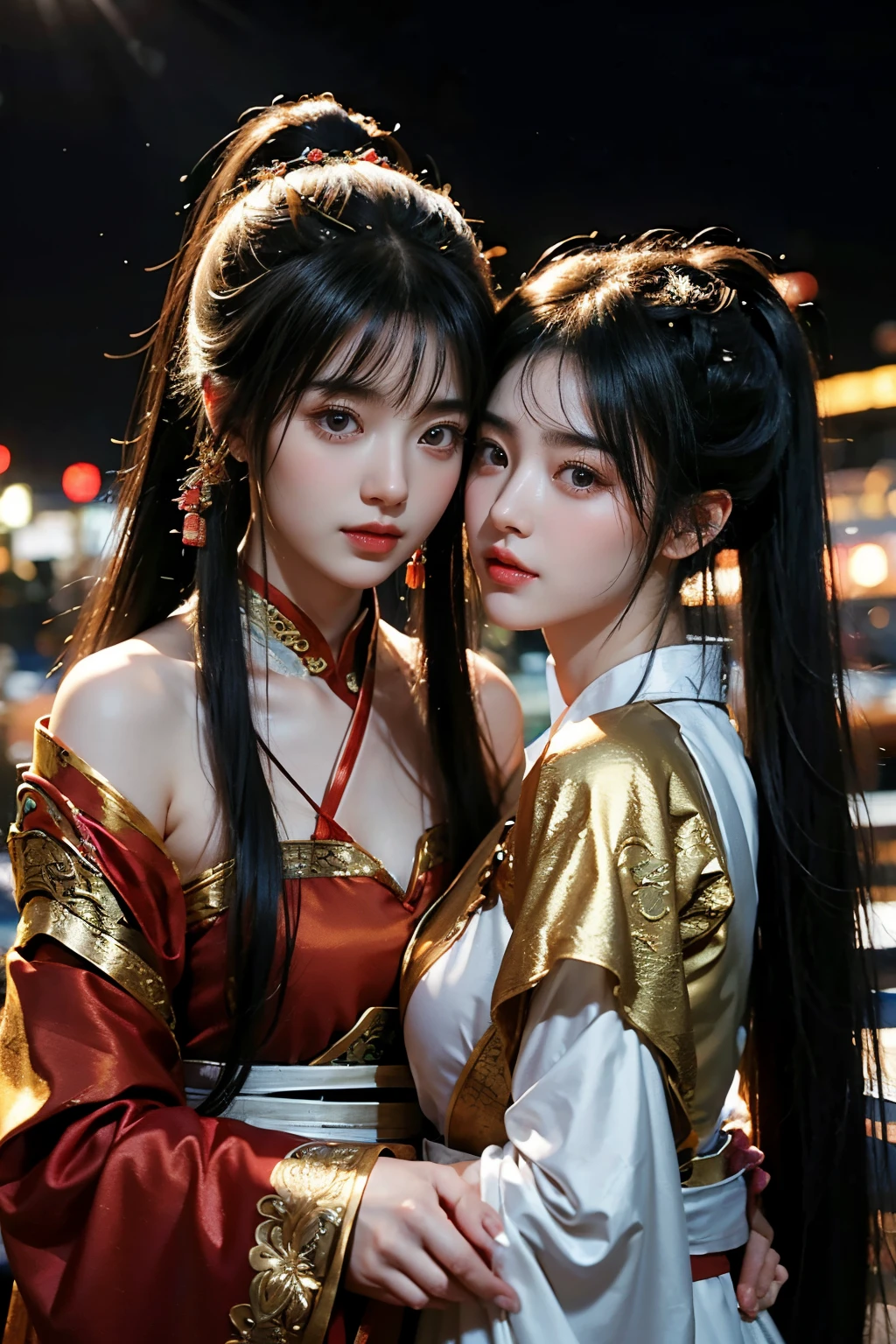 tmasterpiece,Best quality at best,A high resolution,8K,(portrait),(Close up of avatar),(RAW photogr),real photograph,digital photography,(Two ancient Chinese girls embracing each other),Two ancient Chinese girls,Red eyes,kissing each other,face to face,elegant and charming,Shyness blush,black silk clothing,Beautiful golden clothing pattern,A long ponytail hairstyle,By bangs,Night view of the old city,ancient fantasy,nigh sky,Delicatemakeup,fine texture