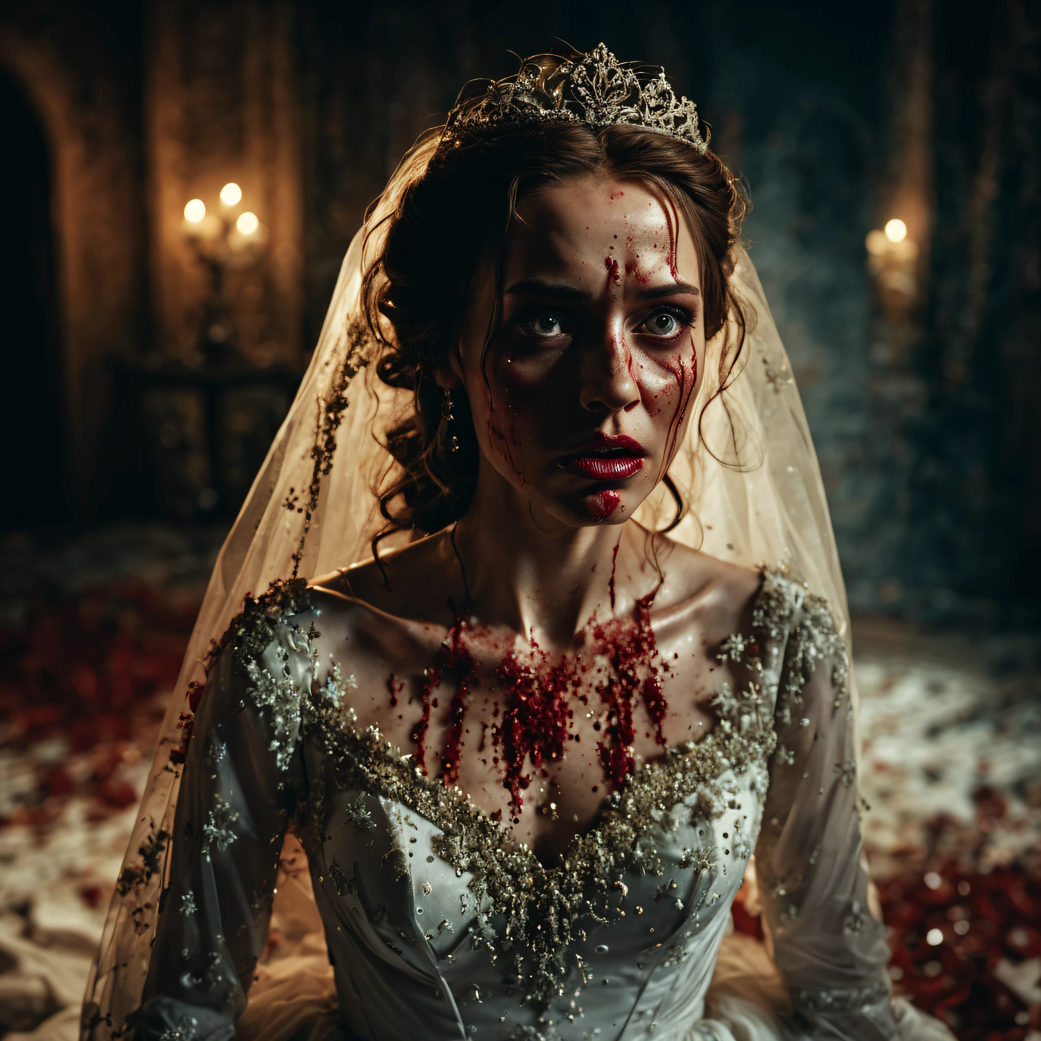 movie scenes, ((full-body: 1.5)), a frightened bride, blood-soaked wedding dress, close-up of bride face, mysterious, ancient, intricate detail, highly detailed, volumetric lighting, 4k rendering, stock photo, ultra-realistic, realistic textures, dramatic lighting, depth of field, film, (very wide angle: 1.3), dark light