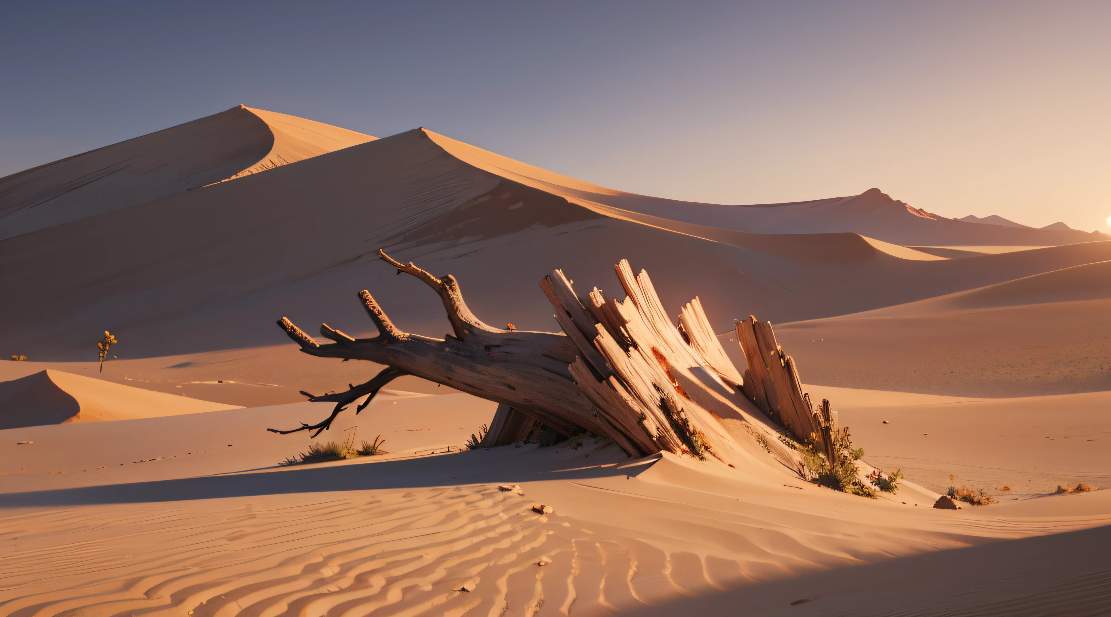 (illustrations : 1.0), photorealistic lighting, HD detail, 夏天, desert, sand, daytime, Dead wood,
