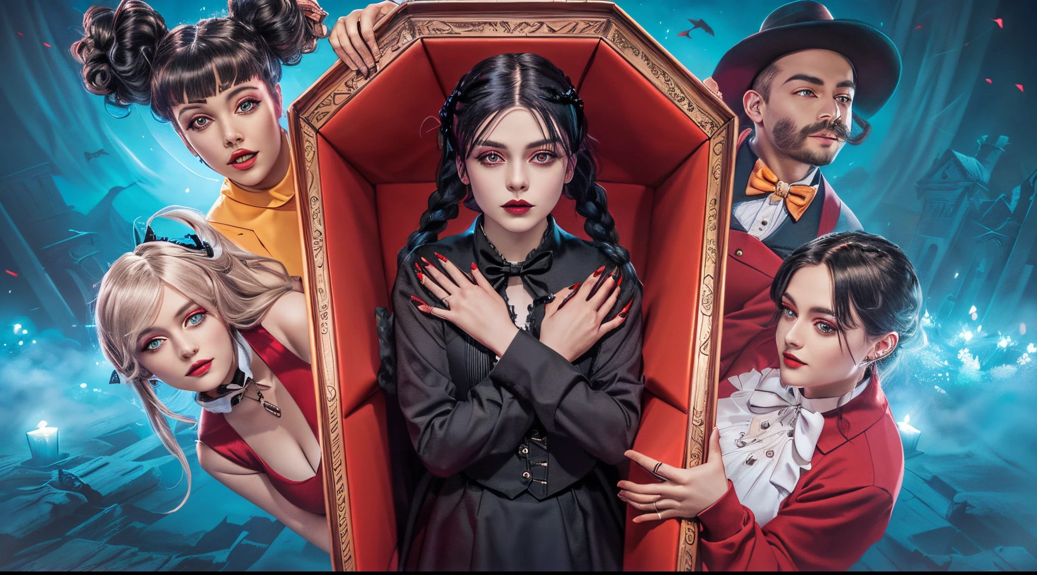 arafed image of a group of people dressed in costumes, wednesday addams in the coffin, red coffin, funeral, realistic, rimlight, 4k