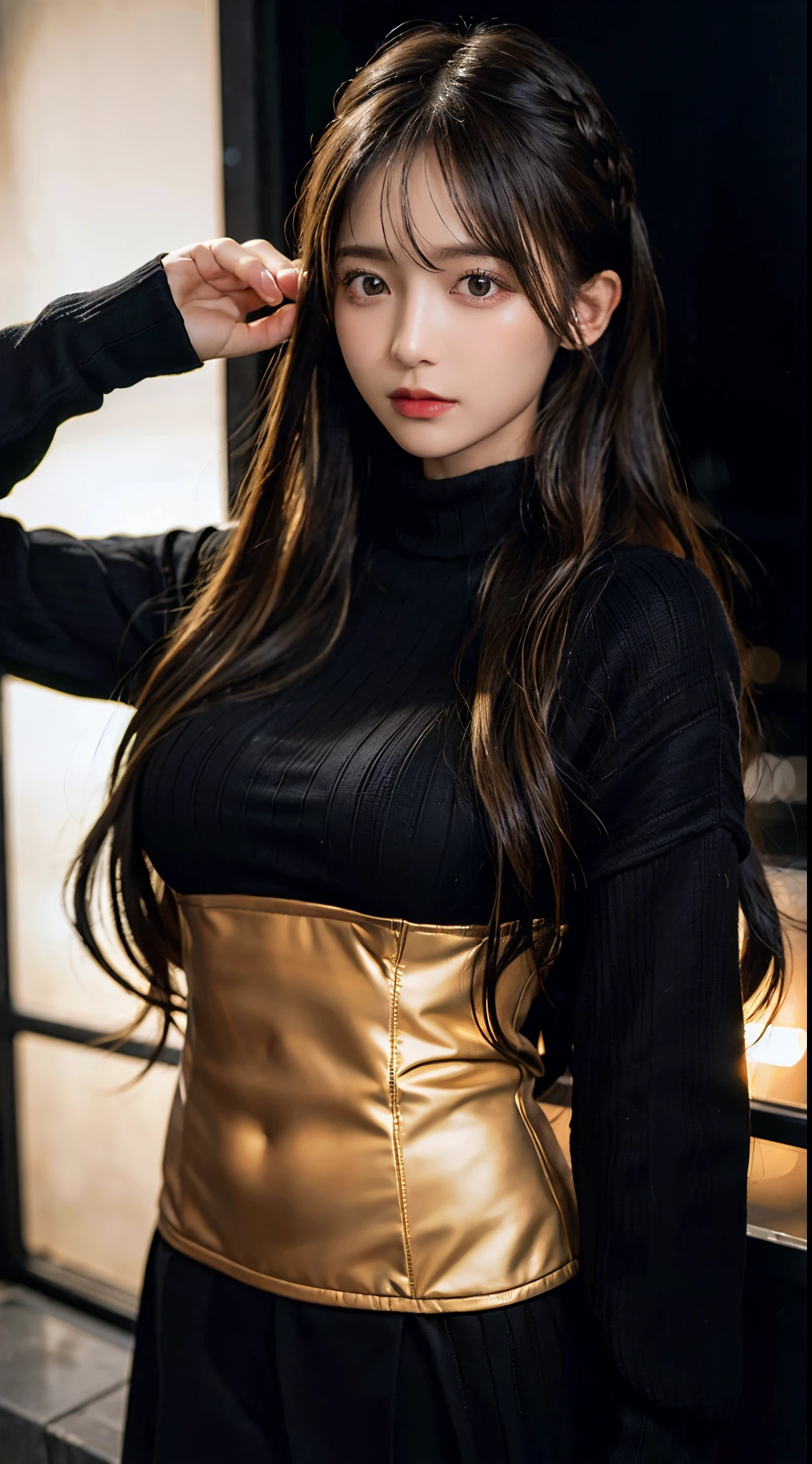 Best quality, masterpiece, ultra high res, (photorealistic:1.4), raw photo, 1girl, long hair, gold hair, detailed eyes and face, black sweater, dynamic lighting, in the dark, deep shadow, low key, cowboy shot