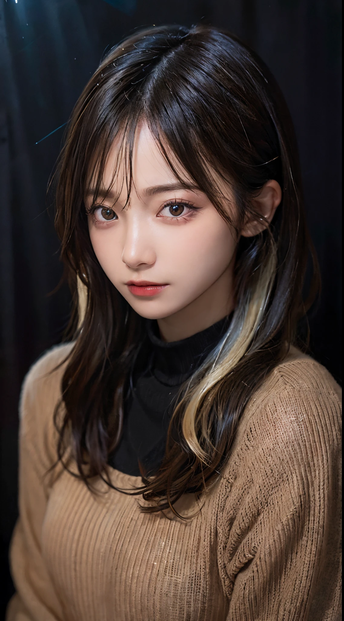 Best quality, masterpiece, ultra high res, (photorealistic:1.4), raw photo, 1girl, long hair, gold hair, detailed eyes and face, black sweater, dynamic lighting, in the dark, deep shadow, low key, cowboy shot