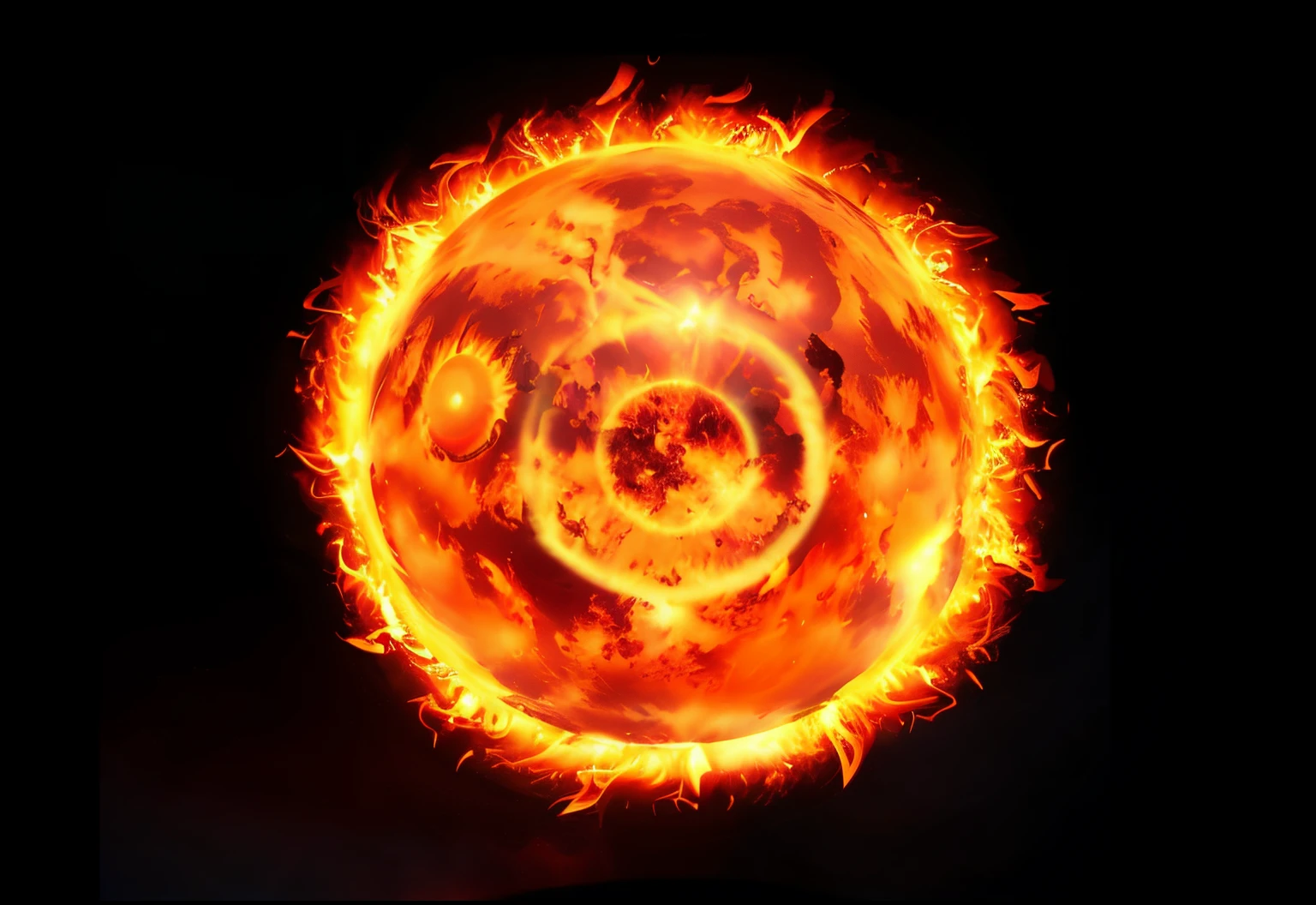 Flames swirl around a round object in the dark, glowing magma sphere, Solar flare HD, solar flare unreal engine, apocalyptic spherical explosion, A large red energy ball, cosmic sun in the background, flare, nuclear fusion, red planetoid exploding, Black fireball, The sun explodes on the background, Exploding planet in the background, completely consisting of fire