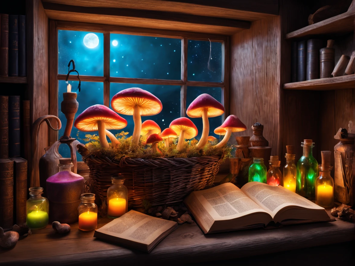 Witch's Room,magic mushrooms in the basket,((Luminous mushrooms:vivd colour)),window,bottle of magic potion,Photospores fly,magical lights,Light-emitting diode,masterpiece,8K,mandragora,medicinal herb shelf,bookcase,Open Books,scattered parchment,magic fountain pen,A mysterious sight,Fantastical,The dim,Oil