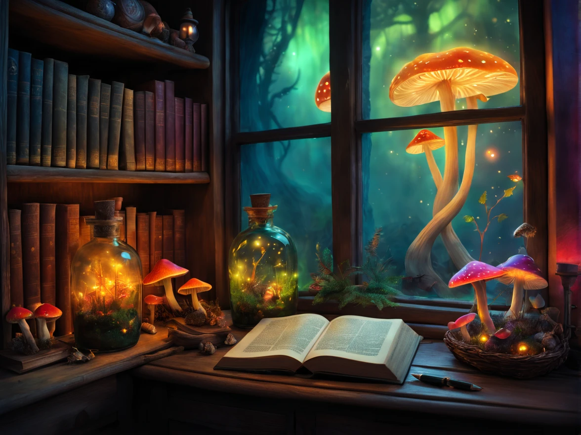Witch's Room,magic mushrooms in the basket,((Luminous mushrooms:vivd colour)),window,magic potion bottle,Photospores fly,magical lights,Light-emitting diode,​masterpiece,8K,mandragora,medicinal herb shelf,bookcase,Open Books,scattered parchment,magic fountain pen,A mysterious sight,Fantastical,The dim,Oil