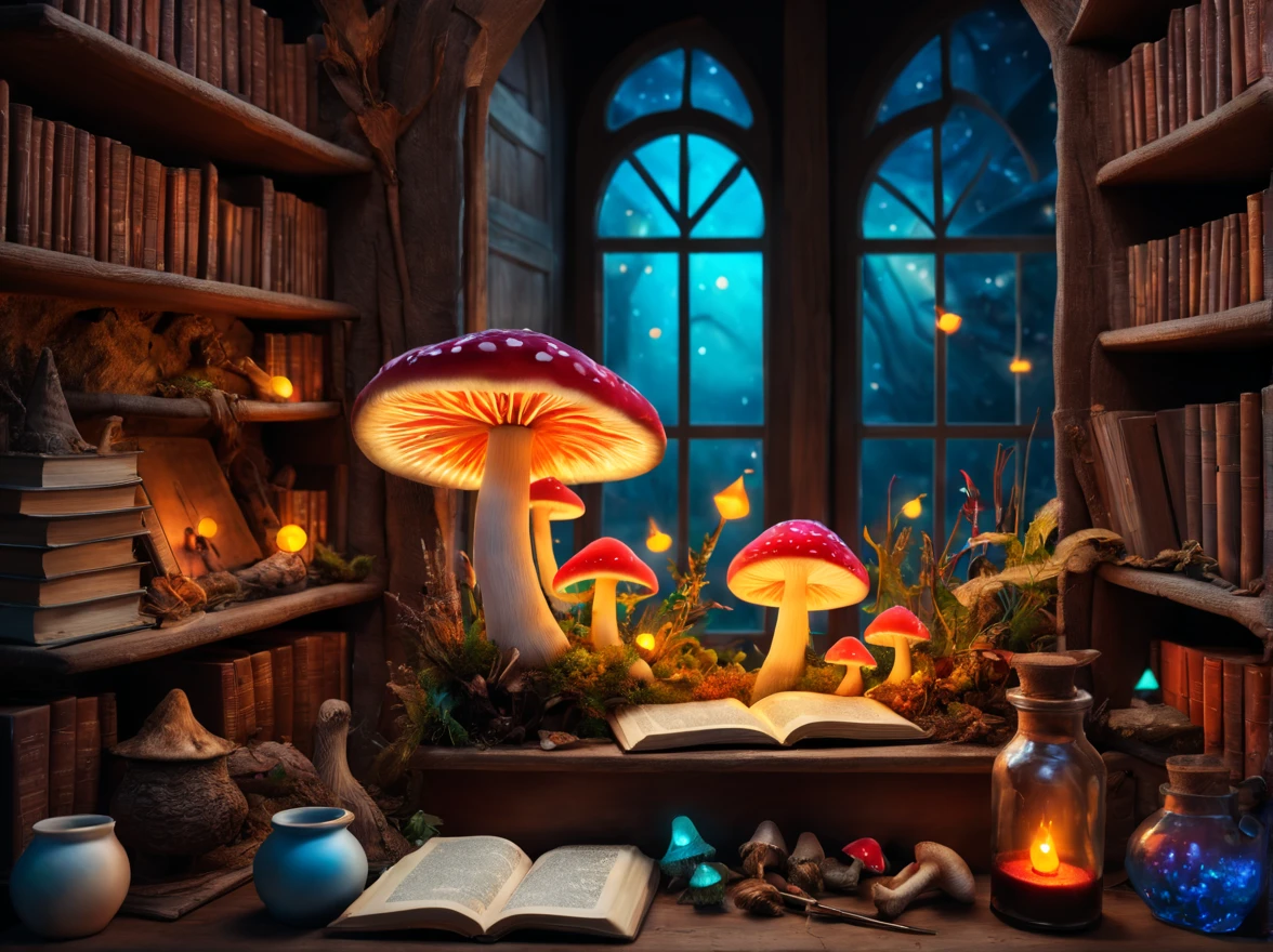 Witch's Room,magic mushrooms in the basket,((Luminous mushrooms:vivd colour)),window,bottle of magic potion,Photospores fly,magical lights,Light-emitting diode,​masterpiece,8K,mandragora,medicinal herb shelf,bookcase,Open Books,scattered parchment,magic fountain pen,A mysterious sight,Fantastical,The dim,Oil
