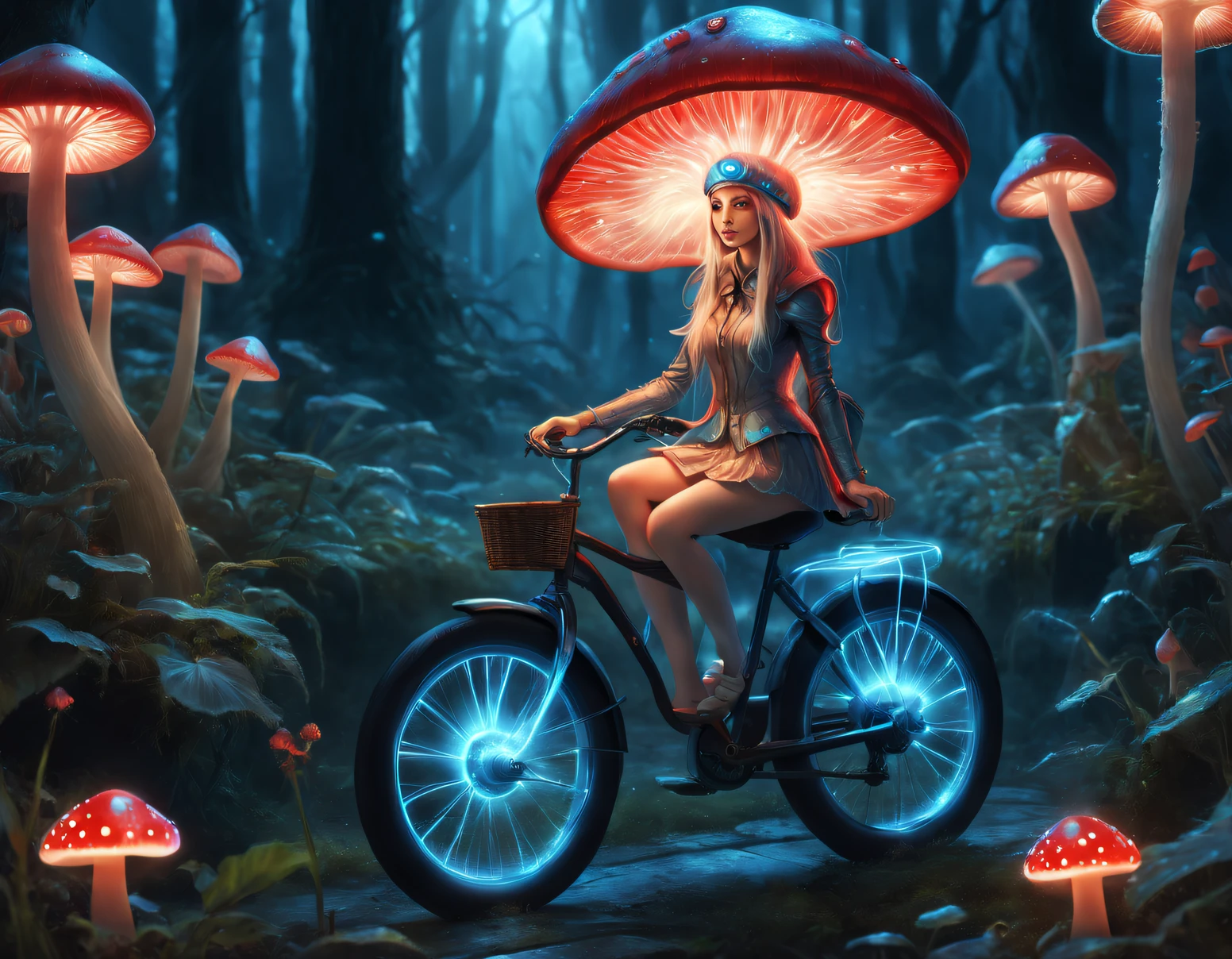 beth hamity style，Drawing of elf girl riding blue and red glowing mushroom bicycle, ，Luminous cells in mushroom gills produce fluorescence through bioluminescence，snail，tropical garden，, Surreal cute snail, dreamlike illustration, Dripping honey, hyperrealistic aesthetic, Pop surrealism, Integrated into Ligent