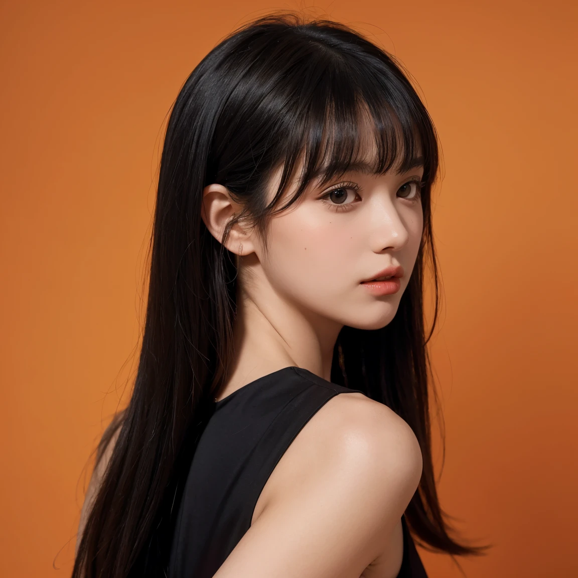 1girl,hair with bangs,black long dress,orange background