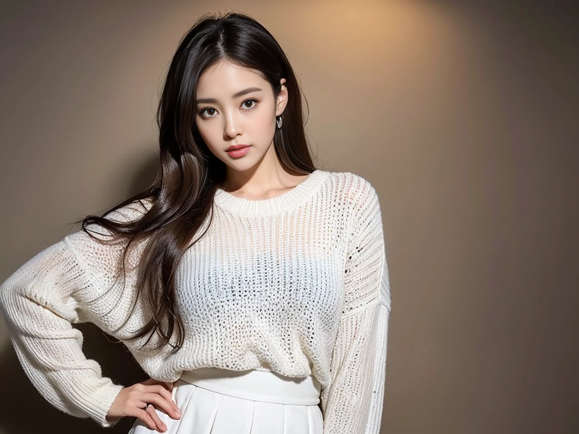 dark brown hair、light brown eyes、The face of the Japan actress、adult lady、soio、The face is about 40 years old.、(intricate-detail:1.2)、(top-quality:1.4)、 (超A high resolution:1.2)、超A high resolution、(A detailed eye)、(detailed facial features)、HDR、8K resolution、moderately sized udder、She is wearing a warm white sweater and a long skirt.、Knees are smooth、Long、length hair、